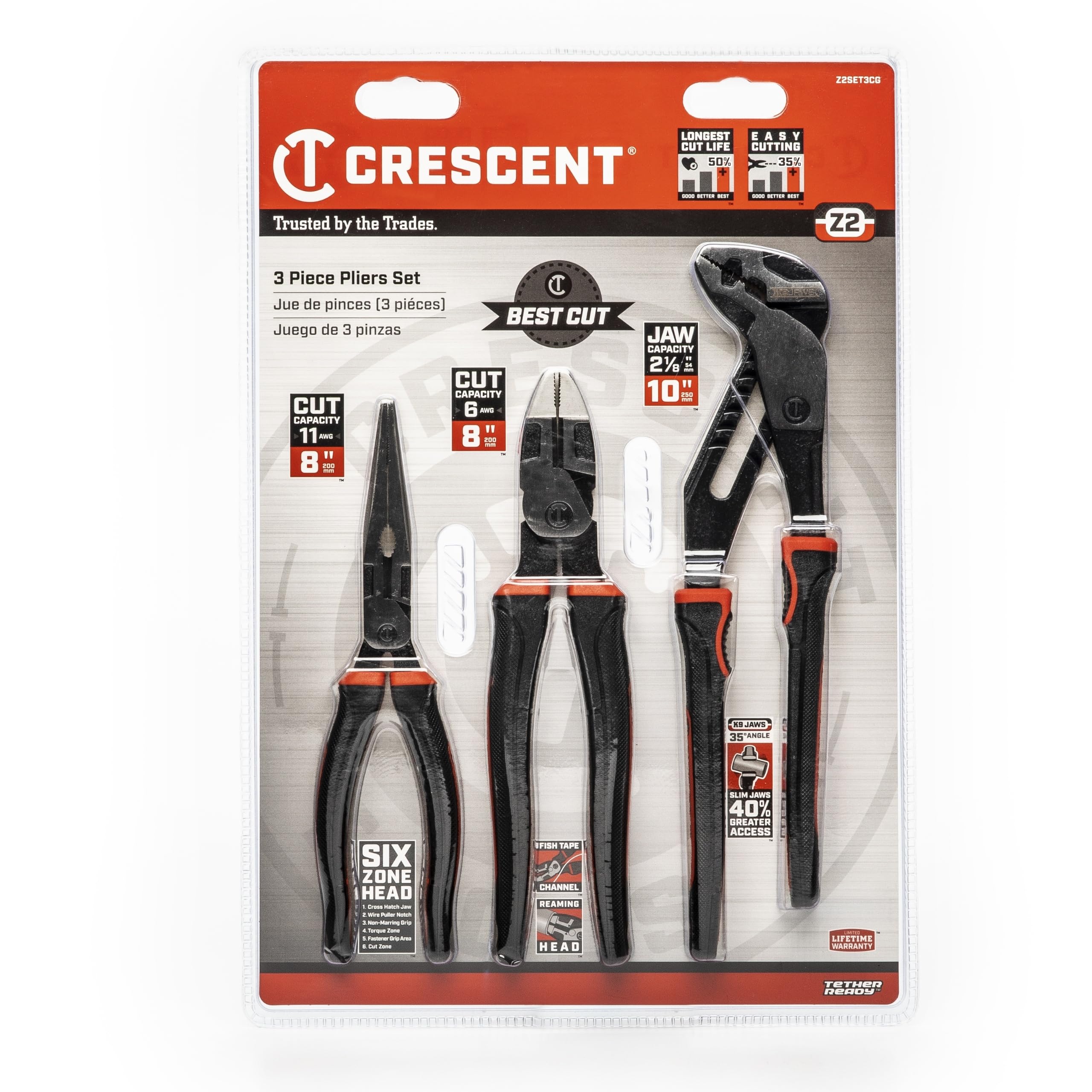 Crescent Z2SET3CG-06 Z2SET3CG-06 Lot de 3 pinces mixtes bi-matériaux pour couper, saisir et tordre avec pince à bec long