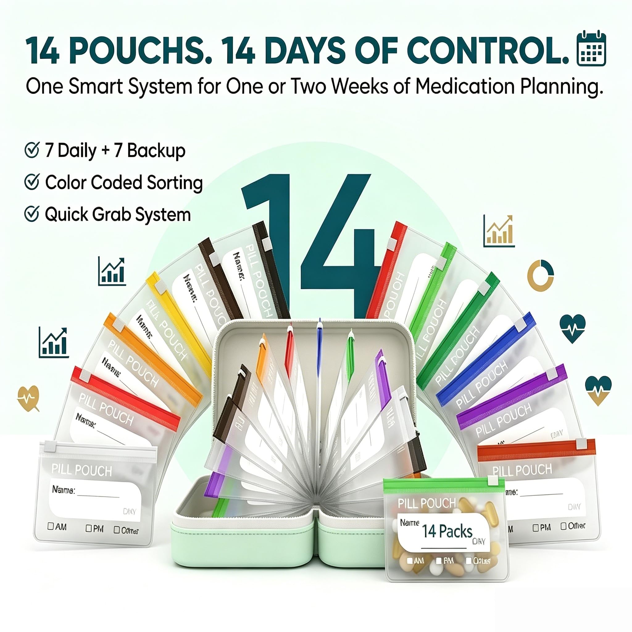 Ensemble de piluliers étanches A8 – Organiseur hebdomadaire étanche avec 14 pochettes à code couleur, organiseur de médicaments de voyage de style classeur pour vitamines, huiles de poisson (vert)