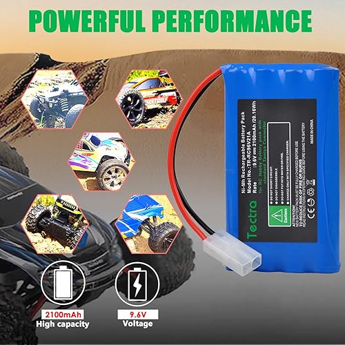 Miniatura 7 de Tectra Paquetes de baterías recargables NiMH de 9.6V 2100mAh para coche RC, barco RC, paquete de baterías de 8 celdas de alta capacidad con conector