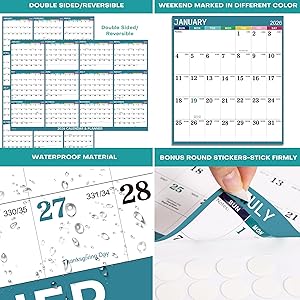 48" x 32" 2026 Dry Erase Calendar for Wall - 2026 Wall Calendar Dry Erase, 2026 Yearly Wall Calendar 12 Month, 2-Side Erasable Calendar, Vertical/Horizontal, Large XL Wet & Dry Erase Laminated - Green