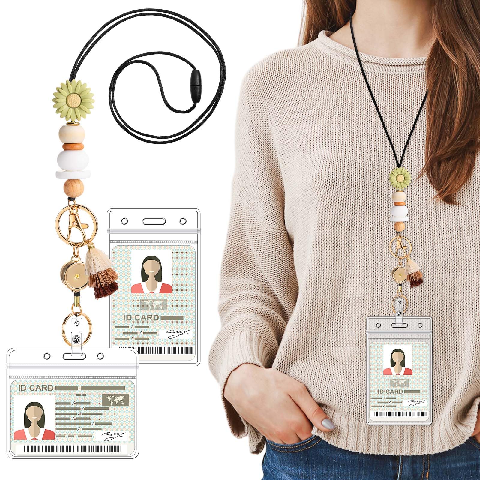 AmazingSpark Retractable Lanyard for ID Badge and Key with 2 Waterproof Card Holder Cute Teacher String with Badge Holder and Reel Silicone Beaded for