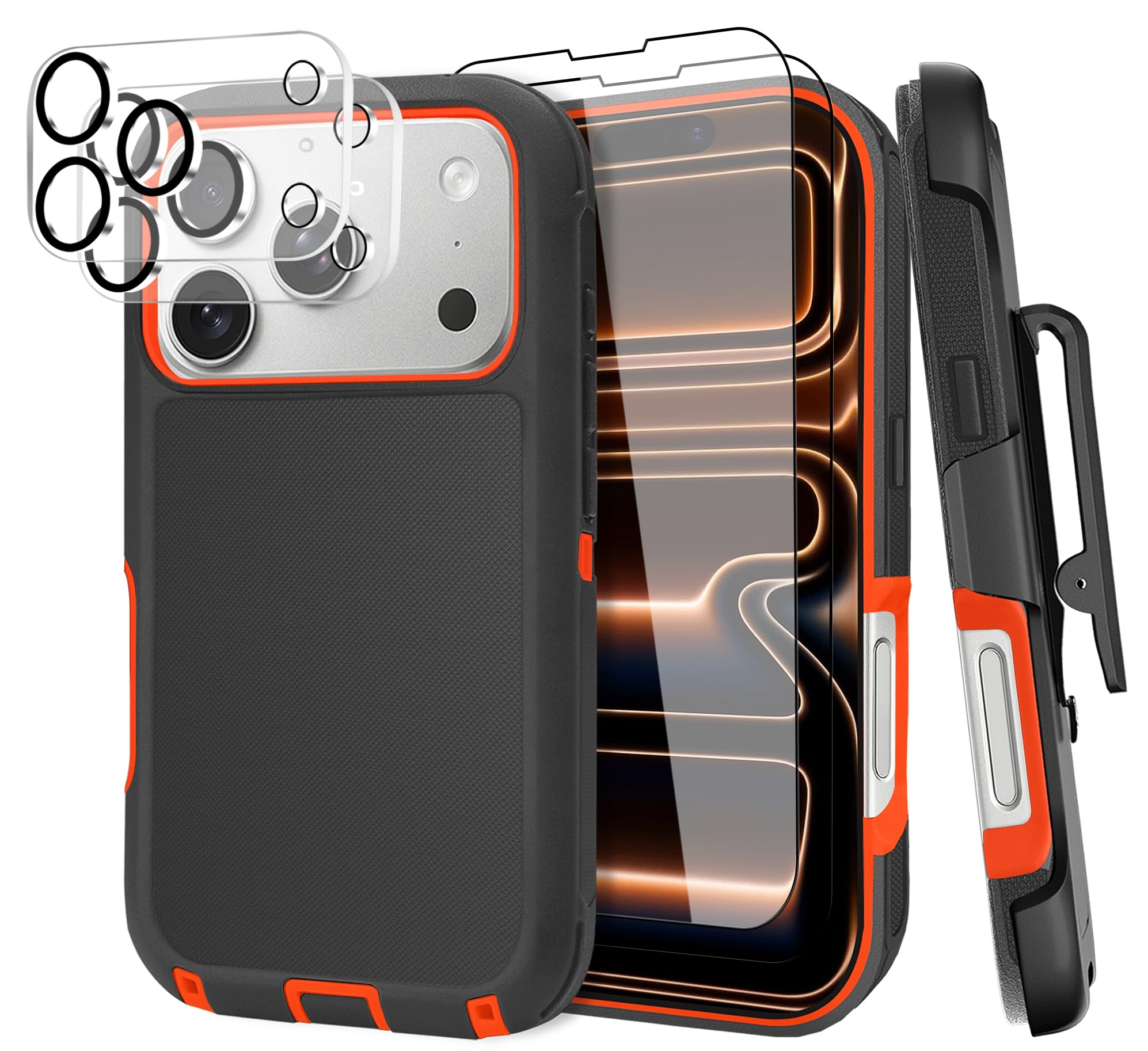 for iPhone 17 Pro Max Case (6.9"), with Belt Clip Holster and 2 Screen Protector+2 Camera Lens,Tough Durable,Military- Grade Shockproof Drop Protection,Heavy Duty Cover-BlackOrange
