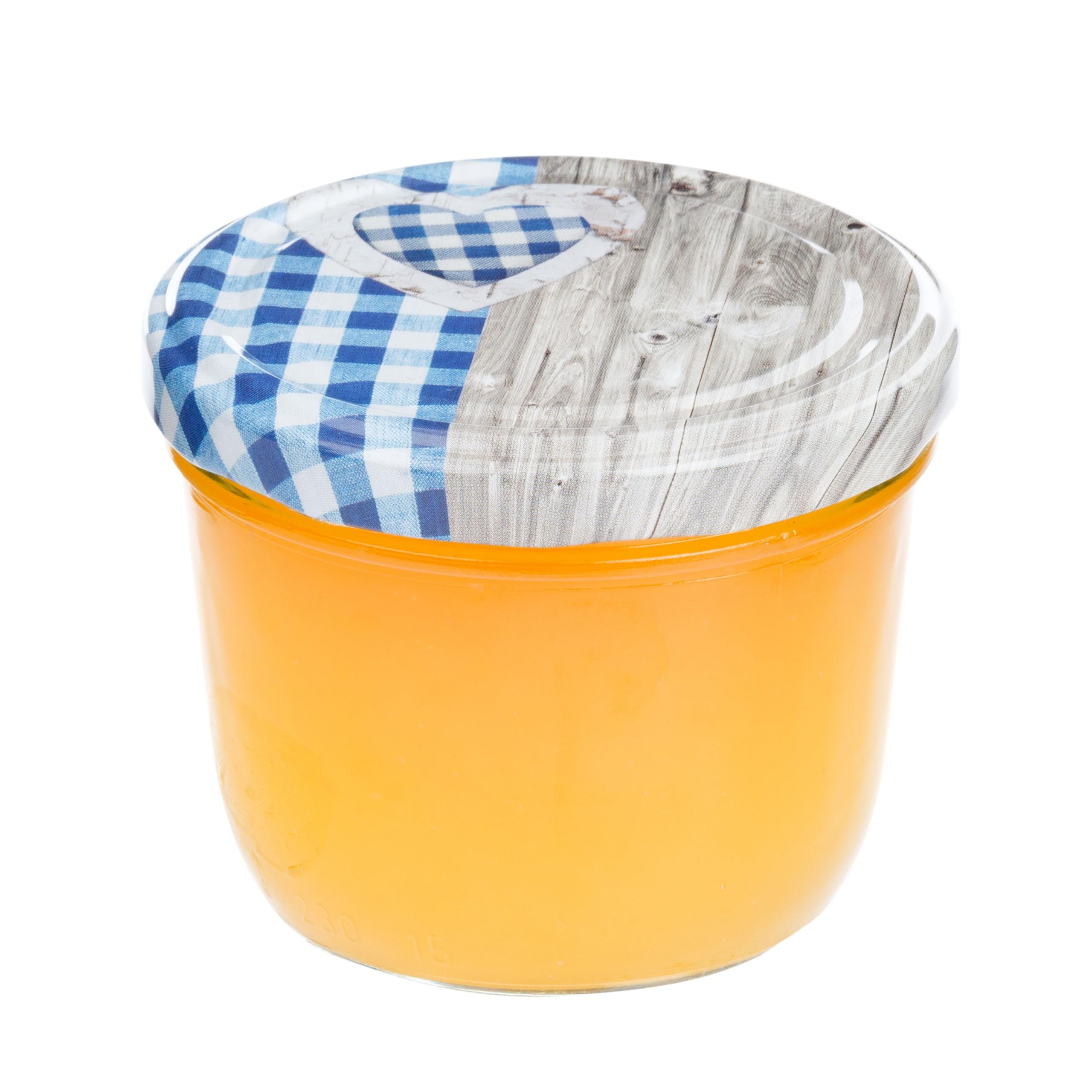 MamboCat 100er 230 ml Sturzglas-Set | Einmachgläser + Twist-Off-Deckel Holz-Herz blaukariert + GRATIS Rezeptheft | einkochen & konservieren | backofengeeignet