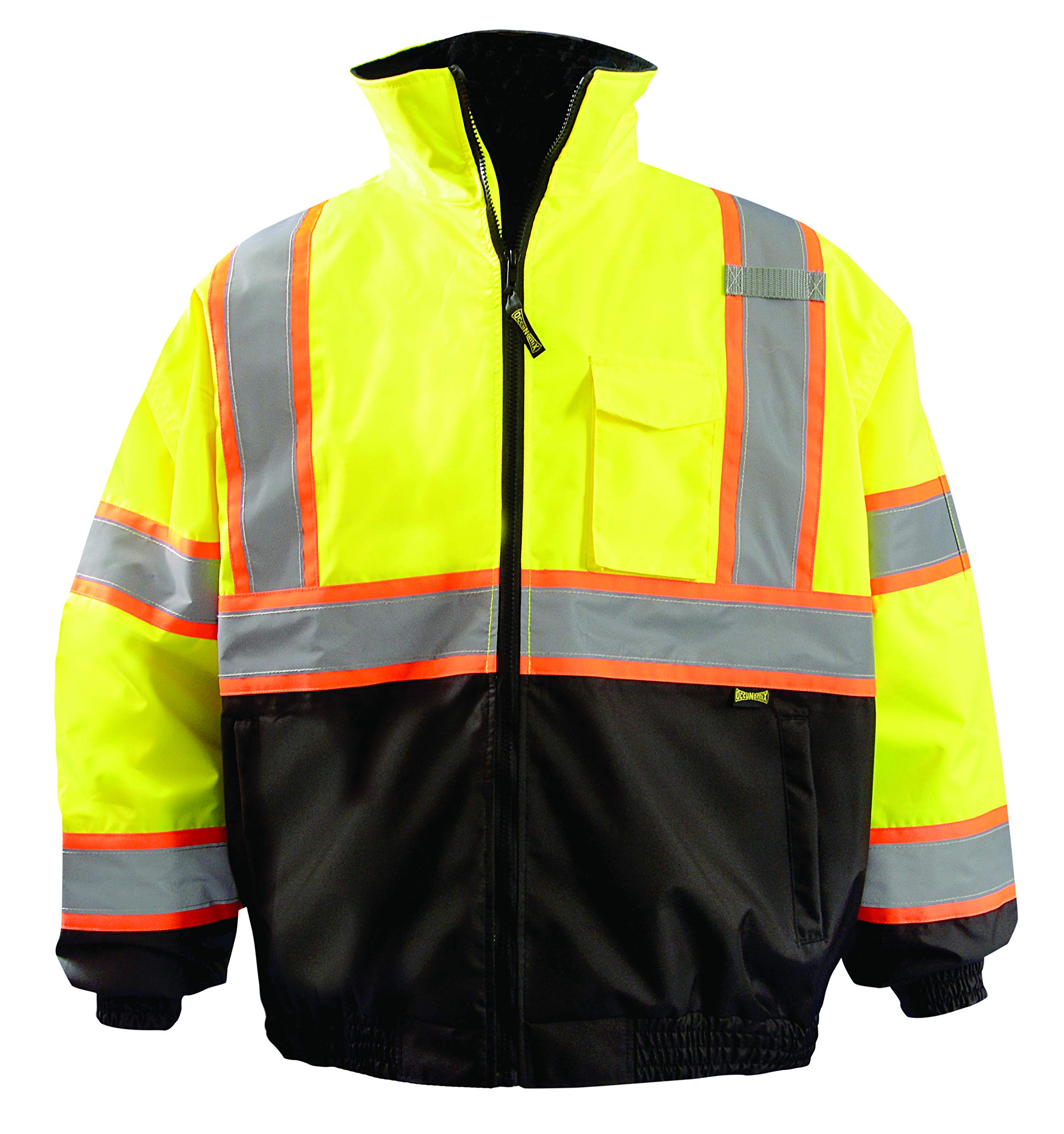 OccuNomix LUX-350-B2X-YXL High Visibility 2-in-1 Quilted Two-Tone Black Bottom X Back Bomber Jacket with Zip-Out Quilted Liner and 7 Pockets, Class 3, 100% ANSI Polyester, X-Large, Yellow