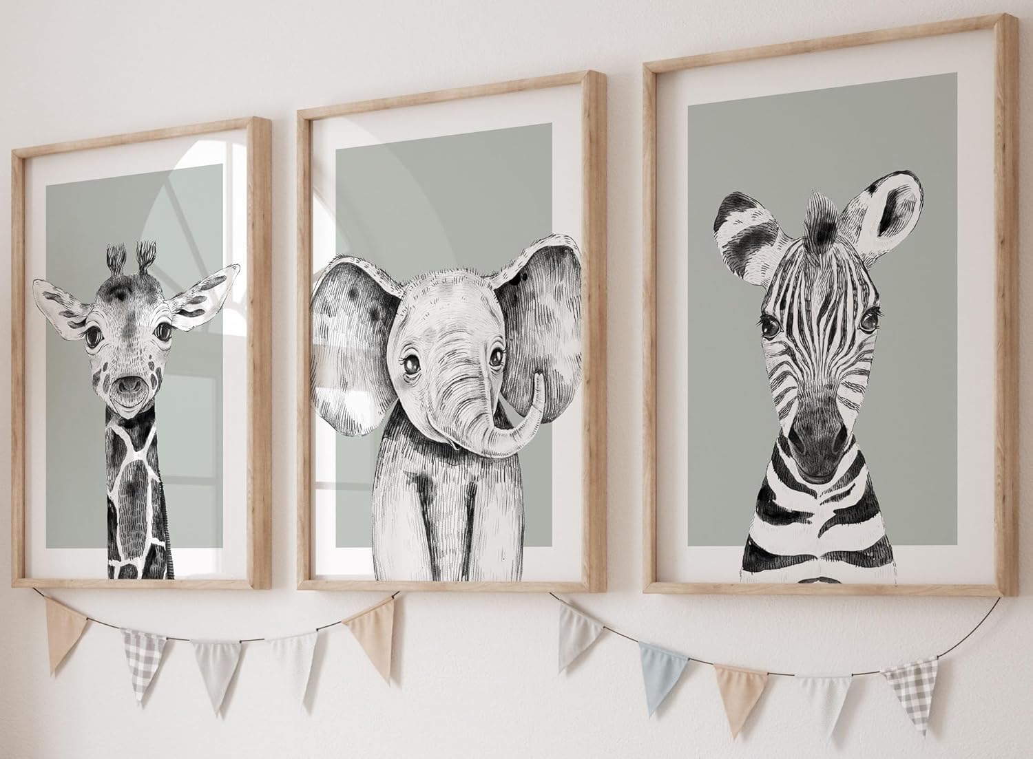 Safari Animals Baby Girl Boy Set of 3 Nursery Unframed Prints, Bedroom Decor Wall Art Posters, Black and White Elephant Giraffe Zebra, Green Background (12x16)