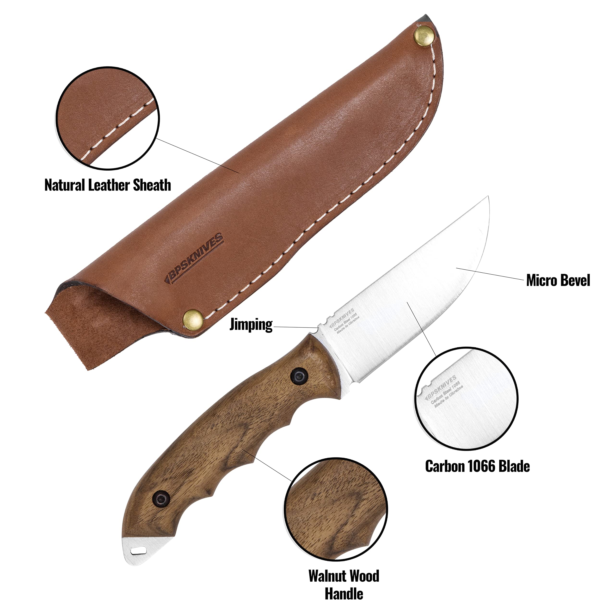 BPSKNIVES HK4 CSH - Couteau en acier au carbone à lame fixe - Couteau de à soie pleine avec étui en cuir - Couteaux de camp fait main avec manche en bois