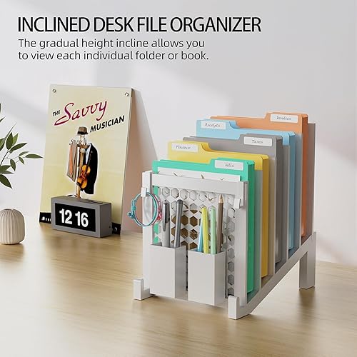 Miniatura 5 de Organizador de archivos para escritorio con caja de almacenamiento y gancho, organizador de archivos de escritorio inclinado con soporte vertical de