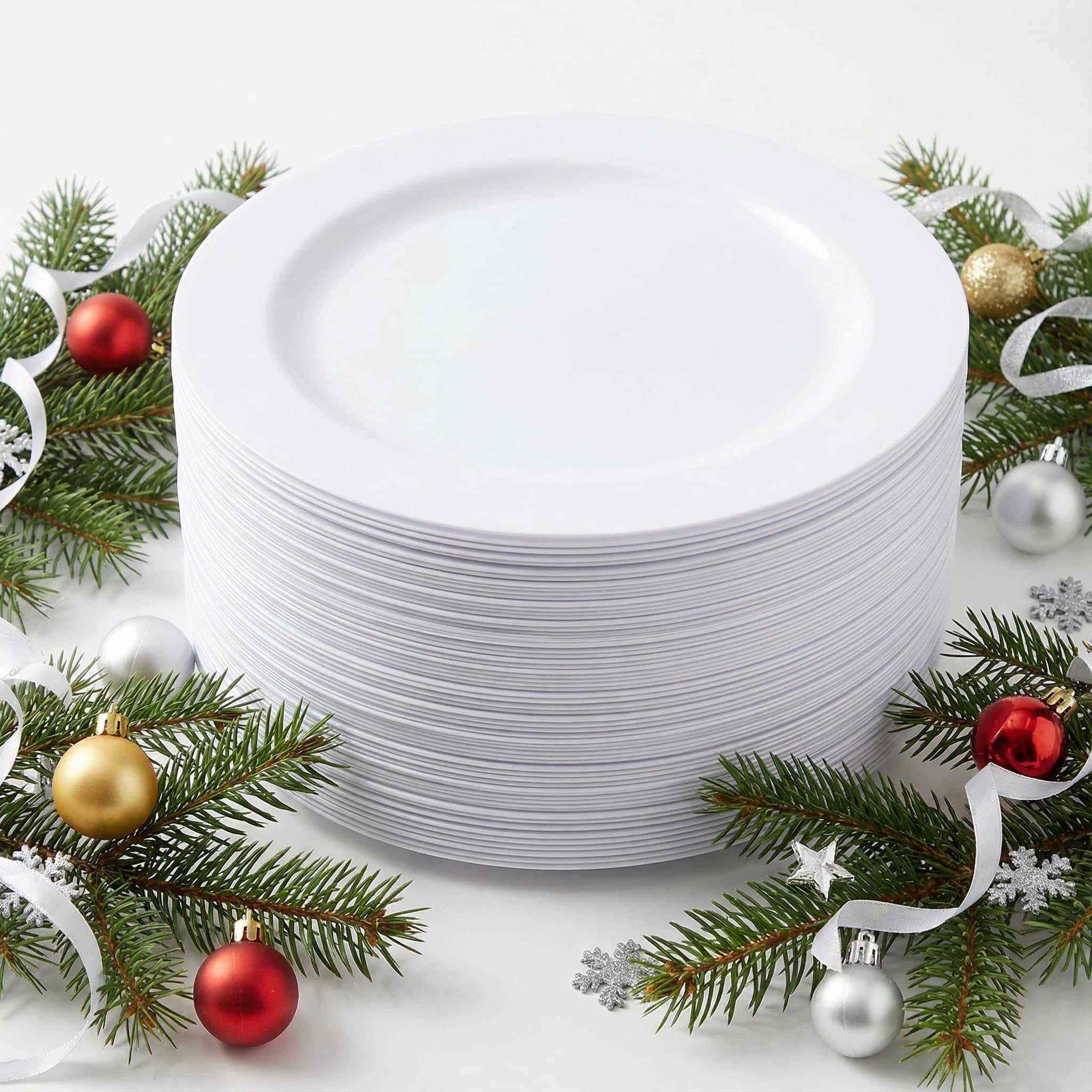 I00000 50Pcs White Plastic Dinner Plates 10 Inch, Premium Disposable Party Plates, Safe and Reusable, Heavy Duty Plastic Plates Perfect for Wedding & Party