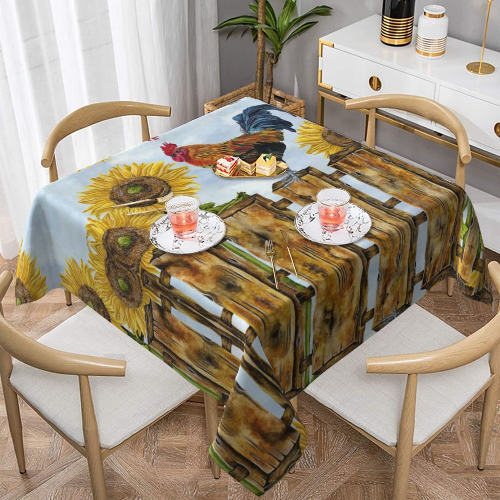 Lawenp Vintage Sunflower Rooster Square Wrinkle-Free Table Cloth Cover Table Decorative for Wedding Dinning Party Banquet Tabletop