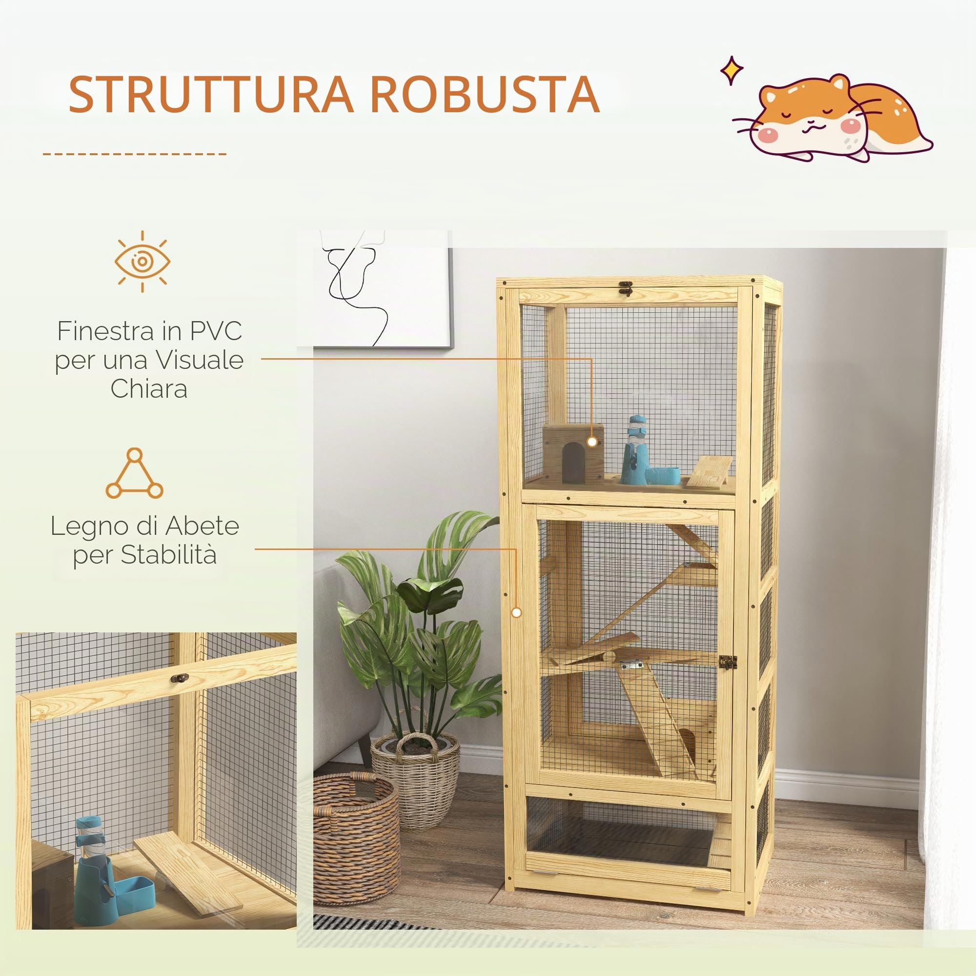 PawHut Gabbia per criceti o topi, piccoli animali in legno, 5 livelli con scala, nicchia, altalena, vassoio rimovibile, abbeveratoio, 54 x 38 x 131 cm, naturale