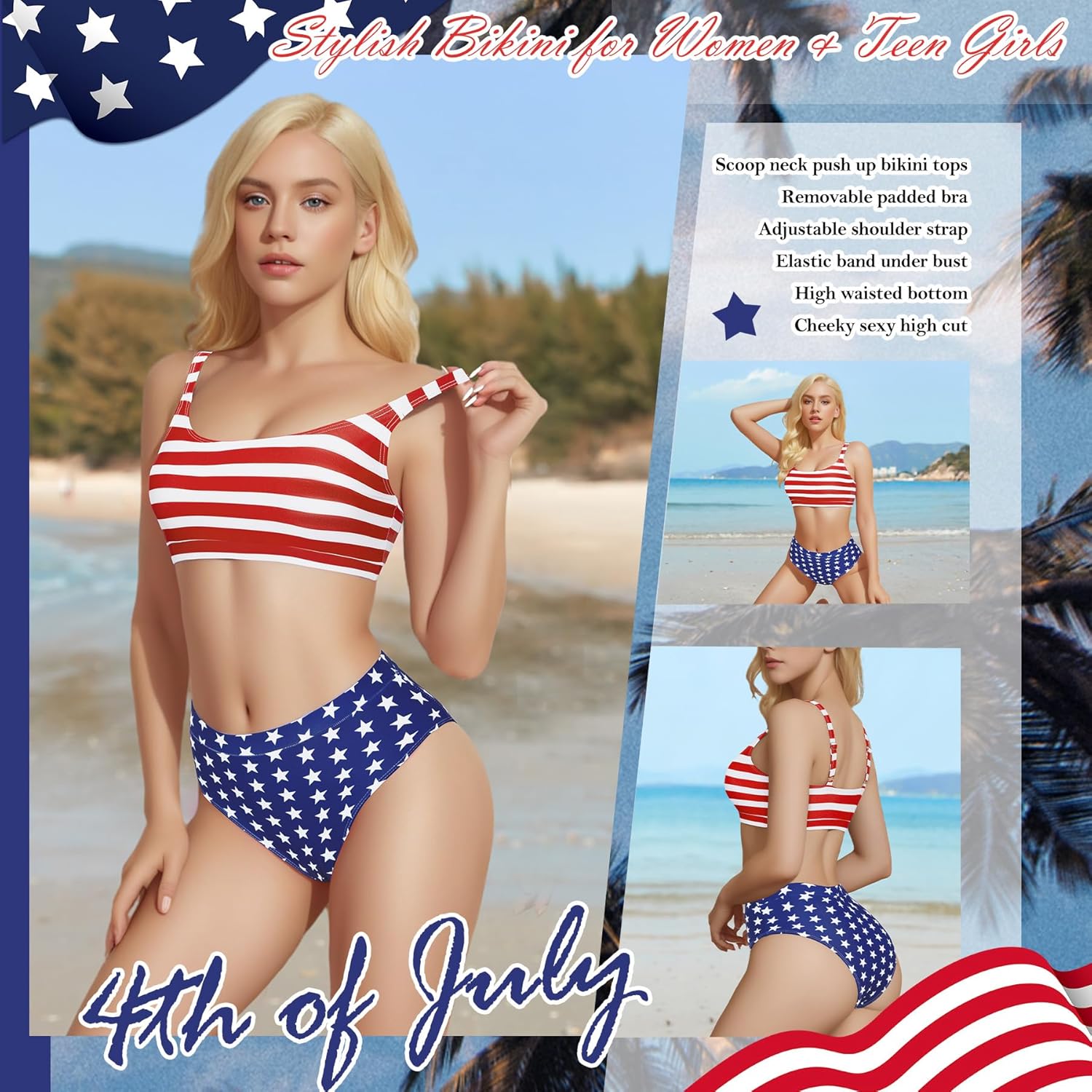 Zando 4th of July Patriotic Swimsuits for Women 2025 American Flag Bikini Red White and Blue Swimsuit Women USA Bathing Suit - Image 6