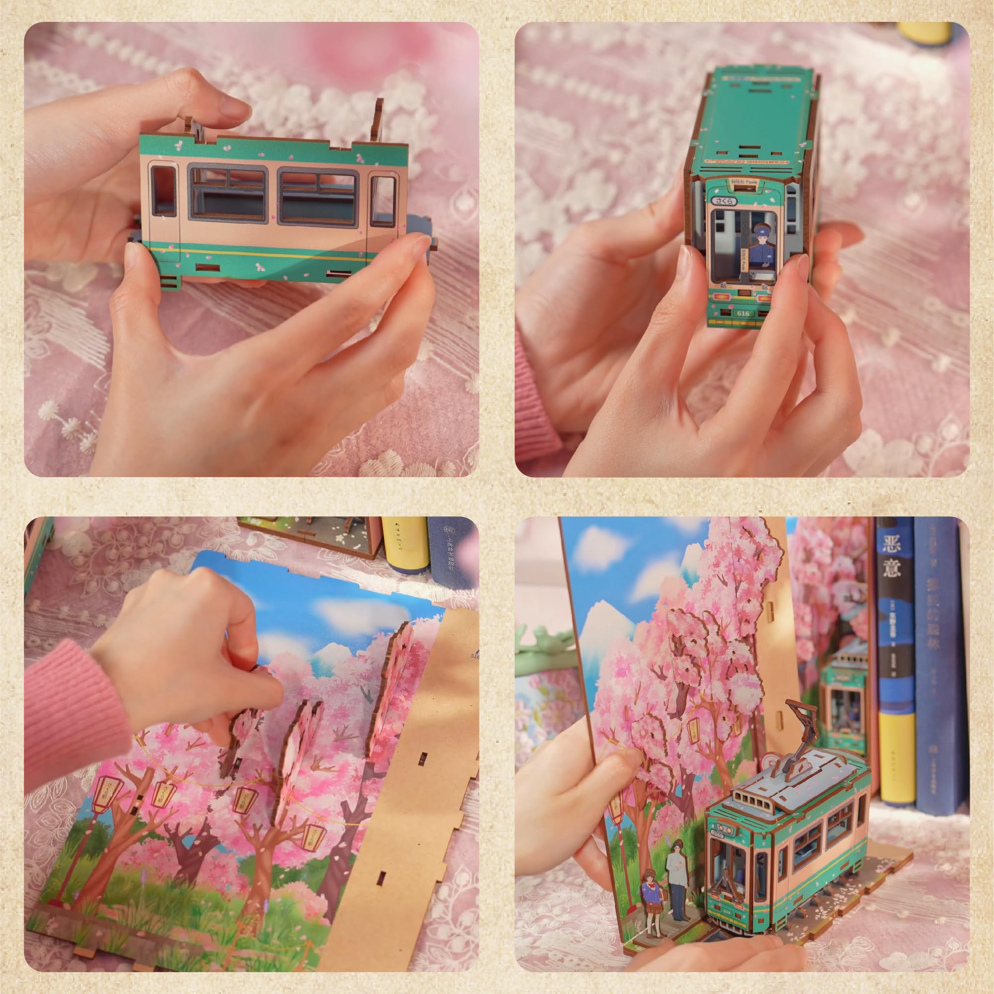 Tonecheer Zestaw "zrób to sam" Book Nook Kit Sakura's Travel zestaw modelarski, drewniane puzzle 3D dla dorosłych do budowy, miniaturowy zestaw domków dla lalek, zestaw do majsterkowania z