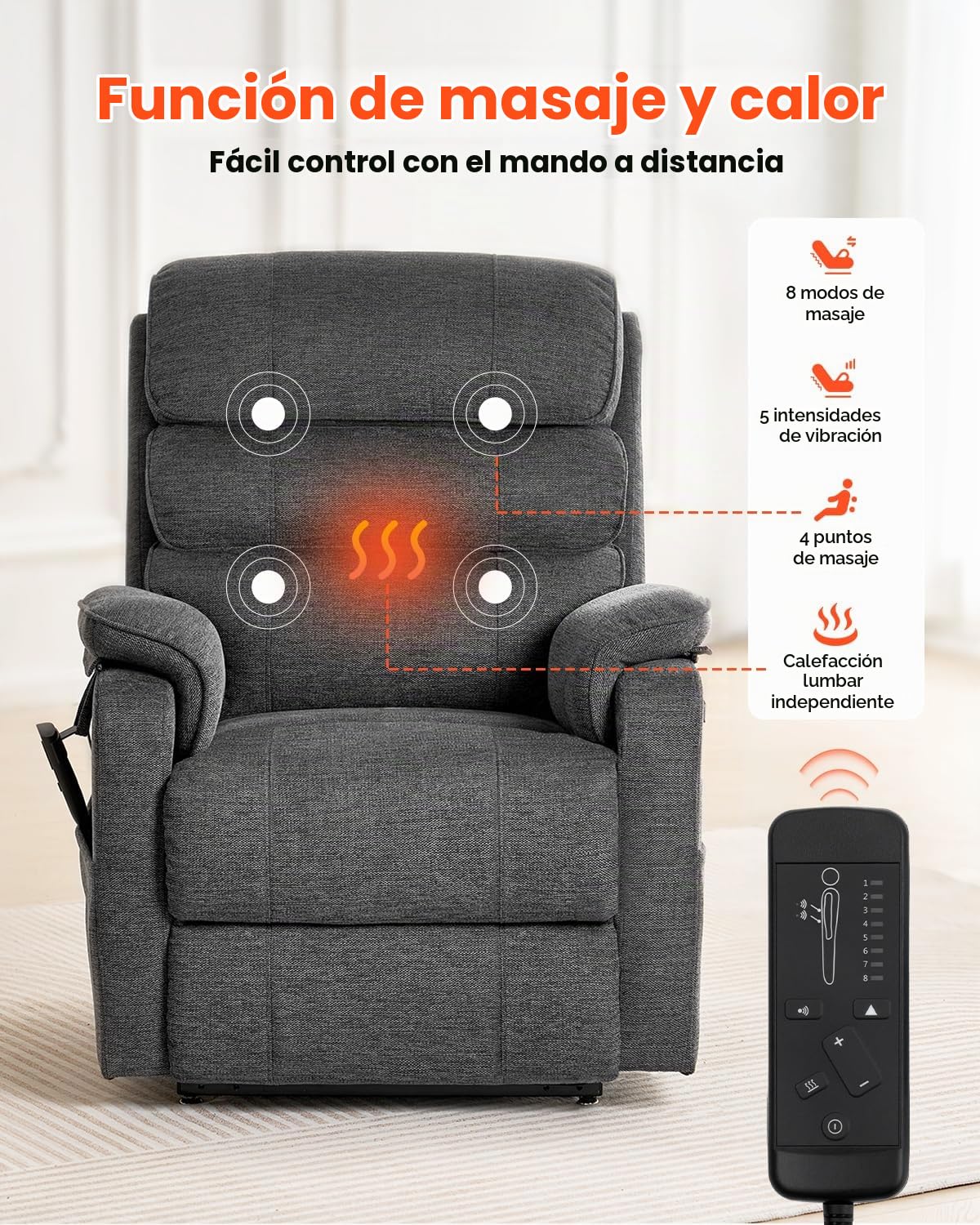 VEVOR Sillón Reclinable Eléctrico con Motor Doble y 2 Cuerdas Anticaída, Sillón Elevador con Calefacción y Masaje para Personas Mayores, Ajuste de Posición Infinito, Tamaño Mediano, Gris Oscuro