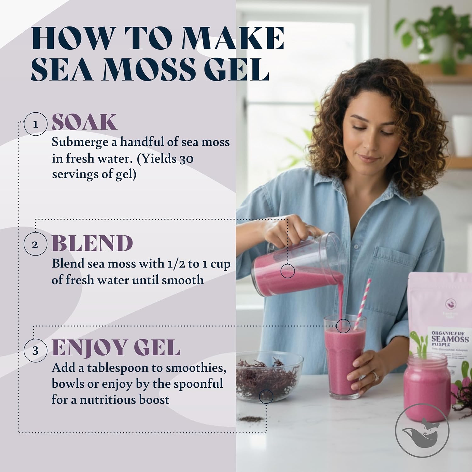 Organic Sea Moss Raw Purple - Makes 75oz of Seamoss Gel Rich in Phytonutrients & Minerals, Certified Non-GMO, Wildcrafted, Superfood - 100 gram Bag