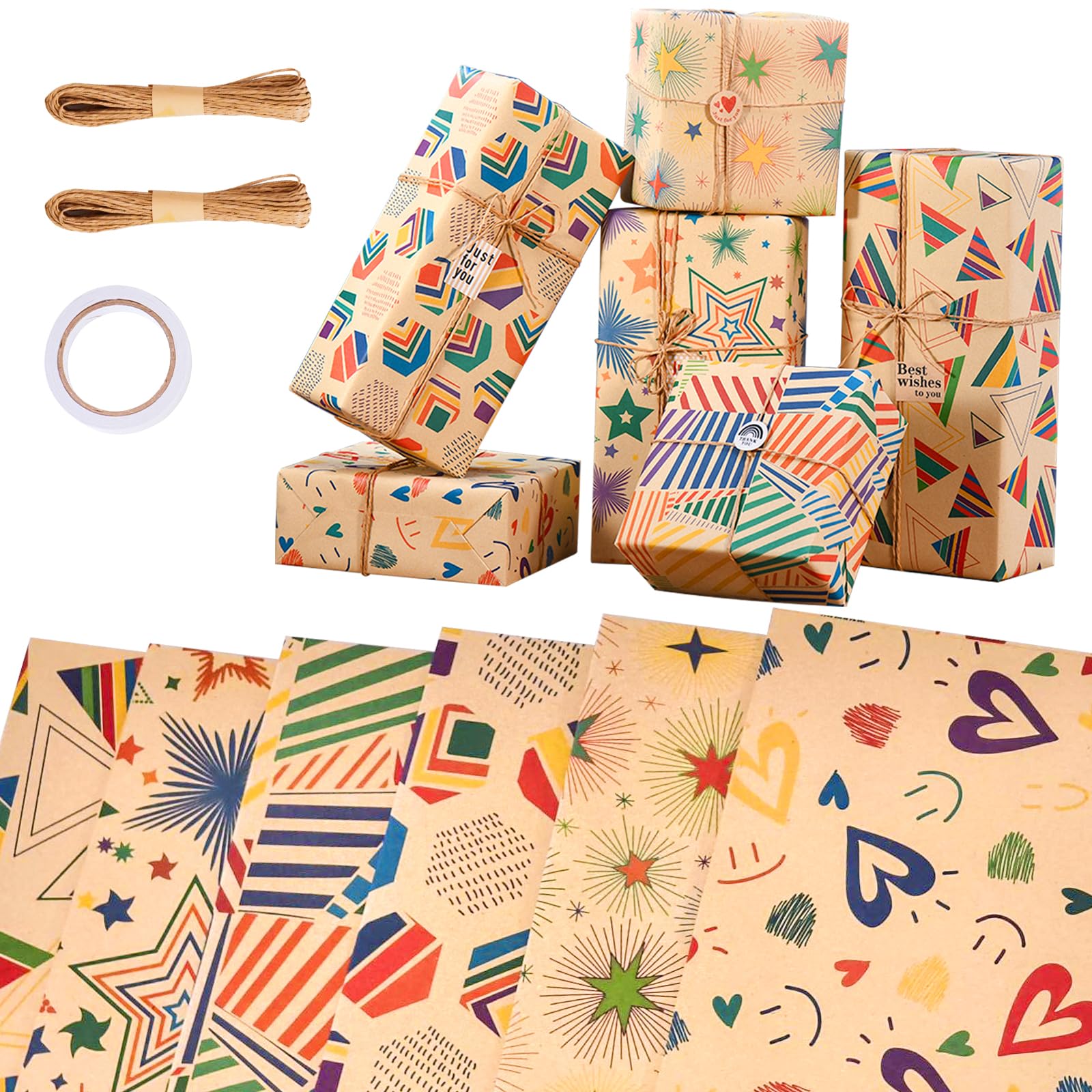 Papier Cadeau Kraft Recyclable Zindoo - 6 Feuilles 70x50cm, Étiquettes Et Ficelle Incluses