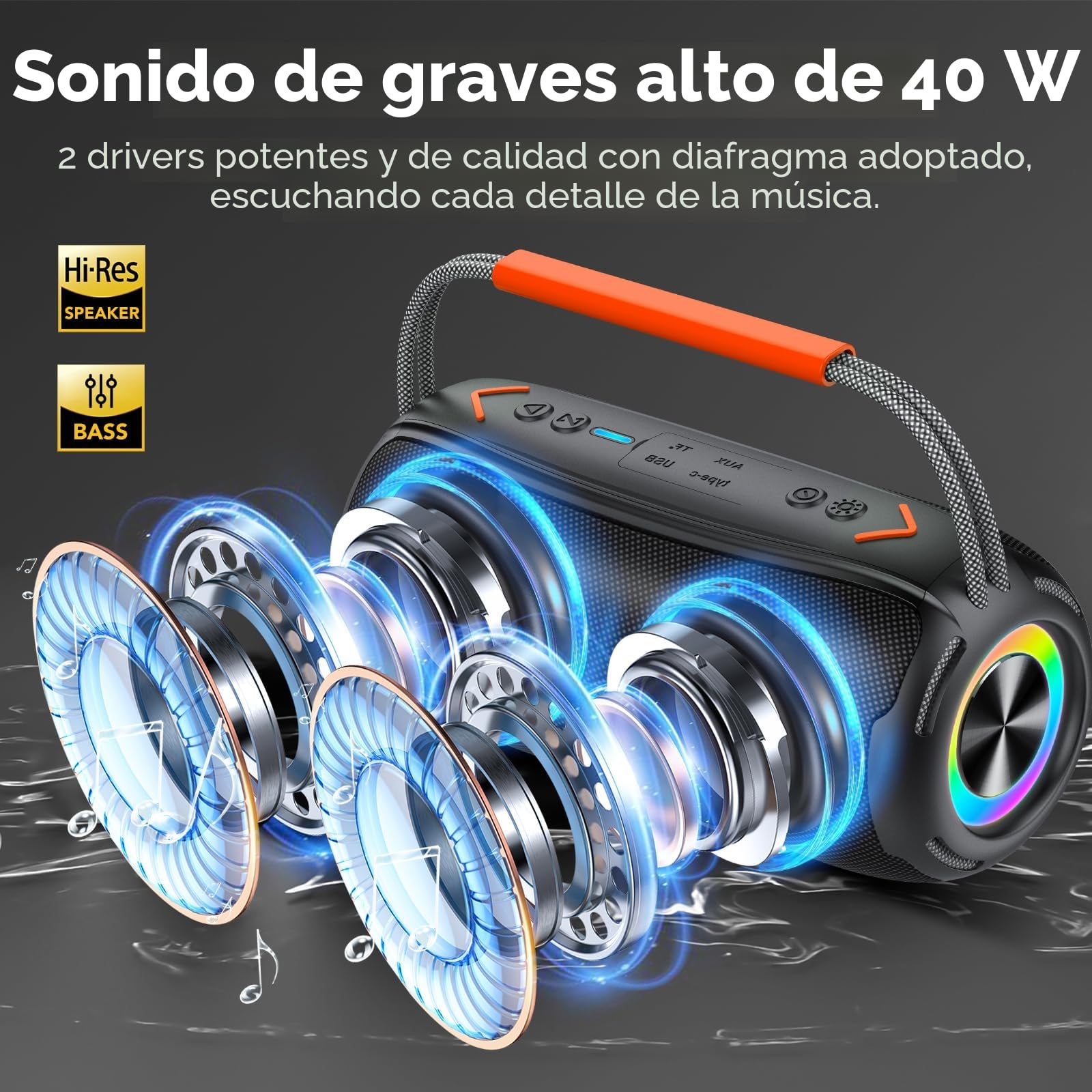 aowoka Altavoz Bluetooth Portátil 40W con Asa, Altavoz Potente con Subwoofer Doble, Bluetooth Speaker Impermeable IPX7, con Luz RGB, TWS/AUX/TF - Ideal para Fiestas, Viajes y Exteriores