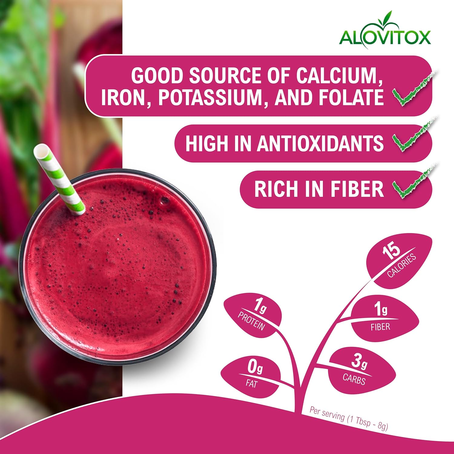 Alovitox Organic Beet Root Powder | 100% Fresh Beet Root Extract | Nitric Oxide Superfood, High in Calcium, Iron, Potassium & Folate | Supports Effective Workouts | Vegan, Non-GMO, Gluten-Free | 16 oz - Image 4