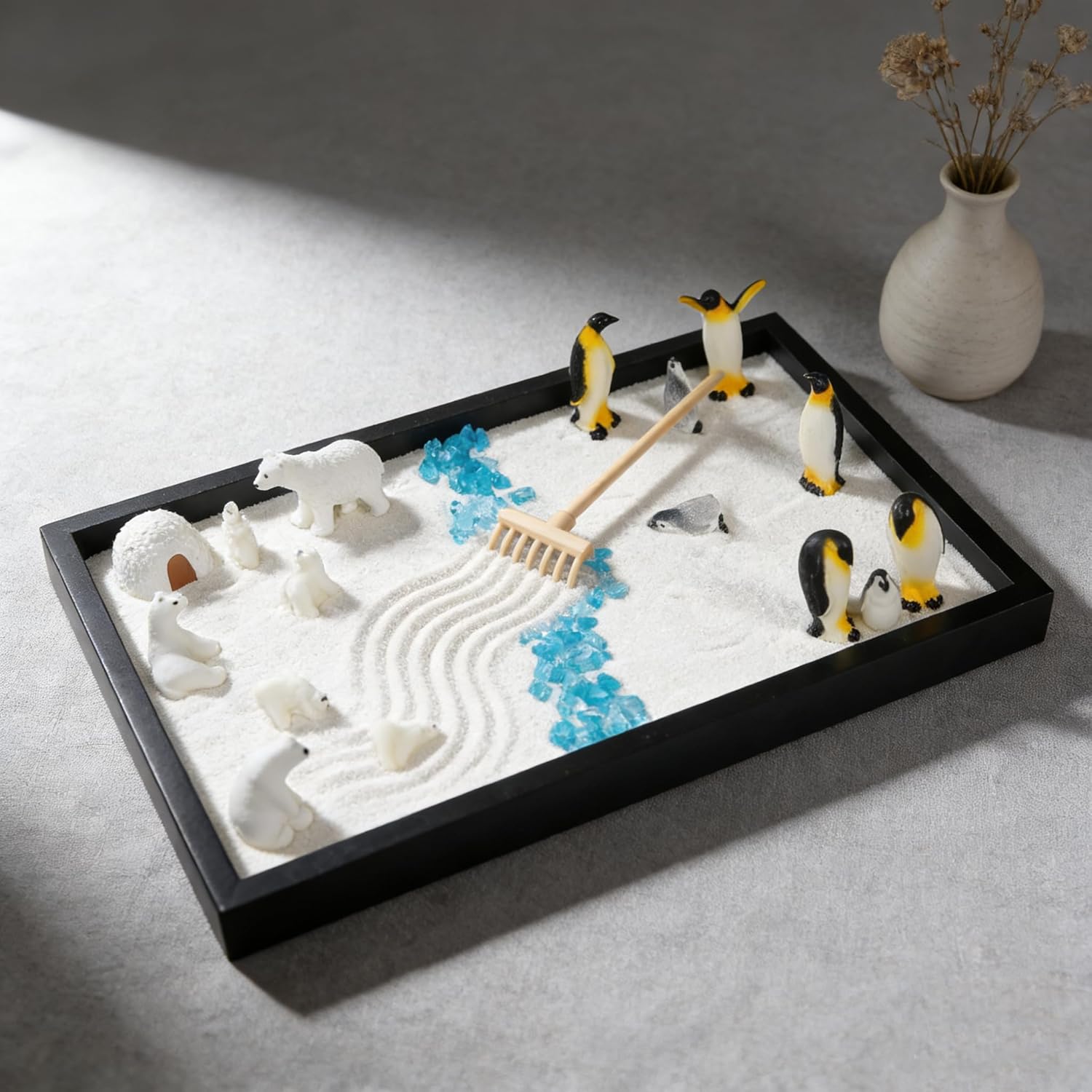 Decorative 47pcs 2-in-1 Penguin & Farm Animals Zen Sand Garden Kit, Mindfulness Relaxation Tabletop Therapy Set for Adults with Miniature Animals, Stress Relief Sandbox for Home Office Meditation