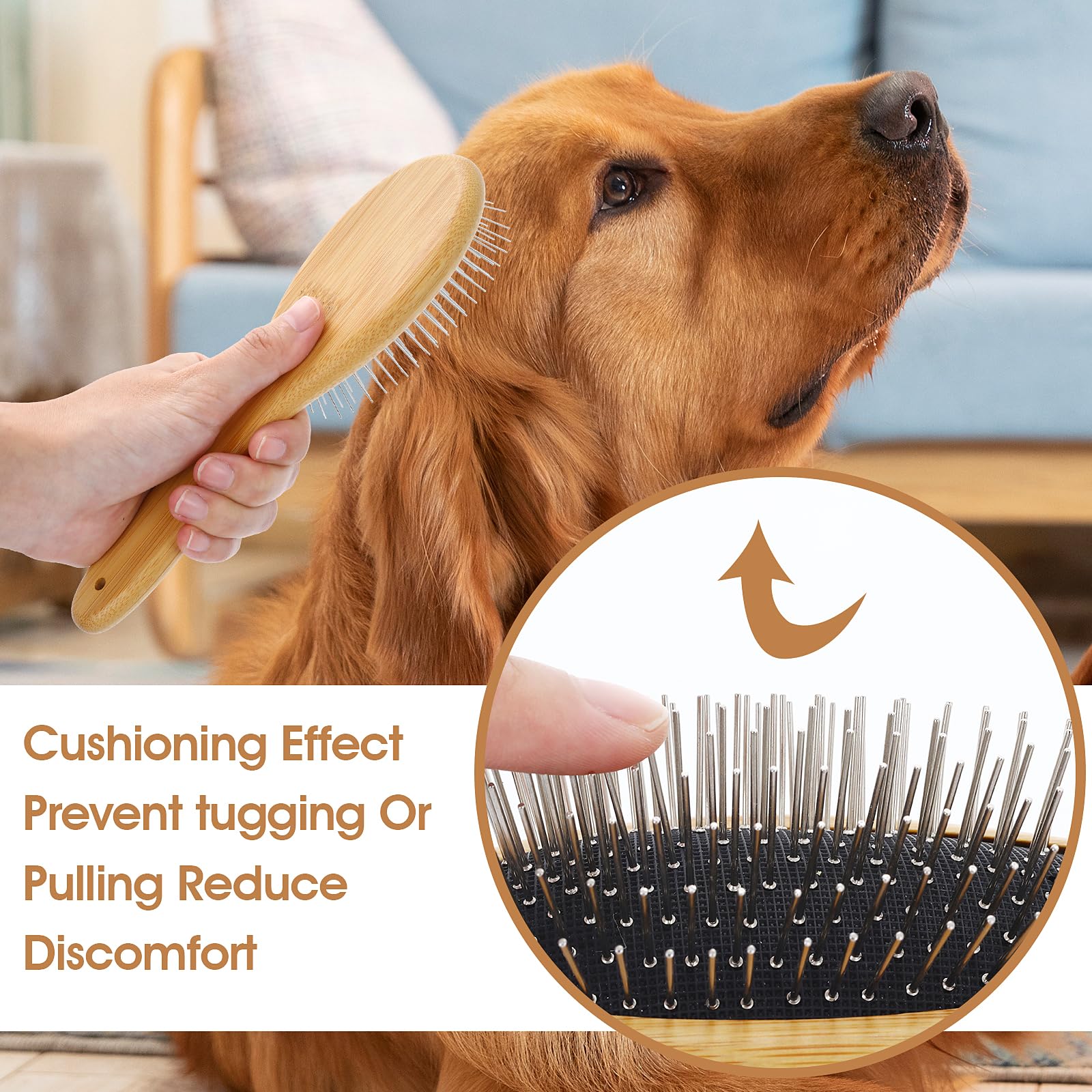 GEEHUA Dog Pin Brush, Airbag Grooming Wooden Comb Pet 20mm Stainless Steel Round Pin Slicker Brush with Bamboo Handle for Removing Shedding Tangles Dead Undercoat