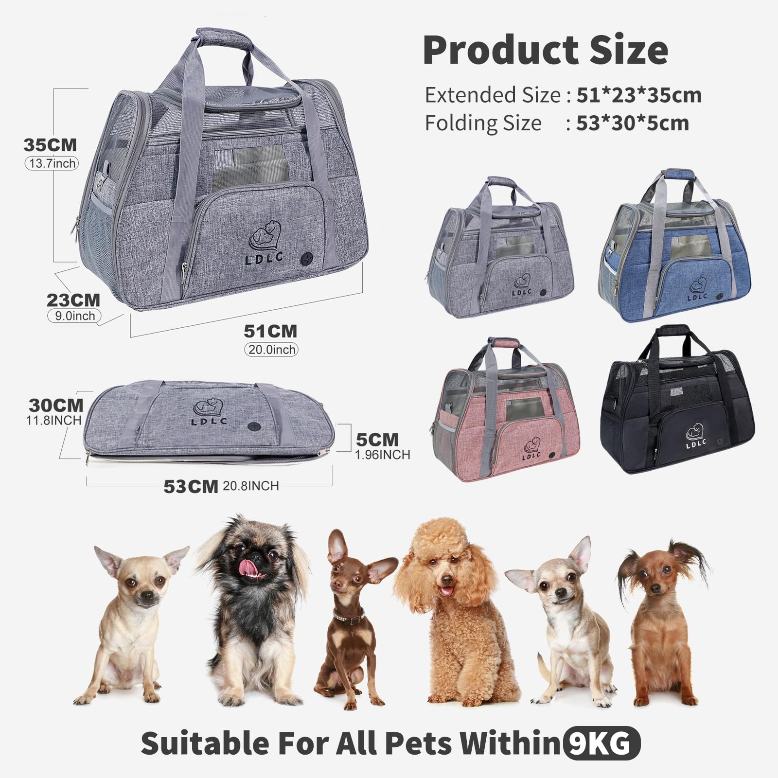 PETCUTE Trasportino per Cani e Gatti, Trasportino Cane per Gatto Portabile e Traspirante, Borsa Gatto Oxford Morbido con Guinzaglio Interno di Sicurezza, Tappetino Rimovibile Fino a 8kg Grigio