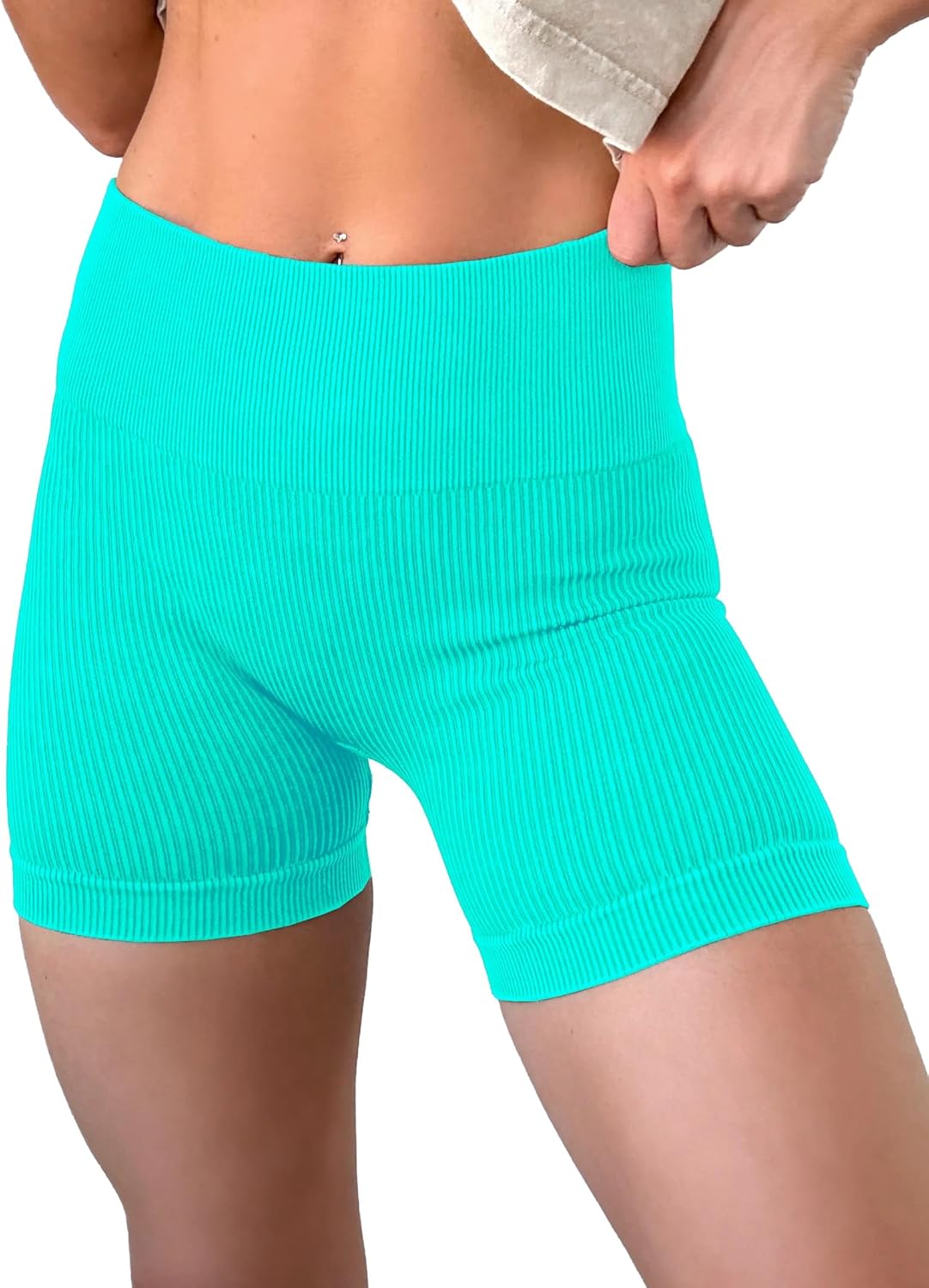 KINLONSAIR Women's High Waist Yoga Workout Impact Shorts Ribbed Seamless Workout Athletic Legging Shorts - Image 2