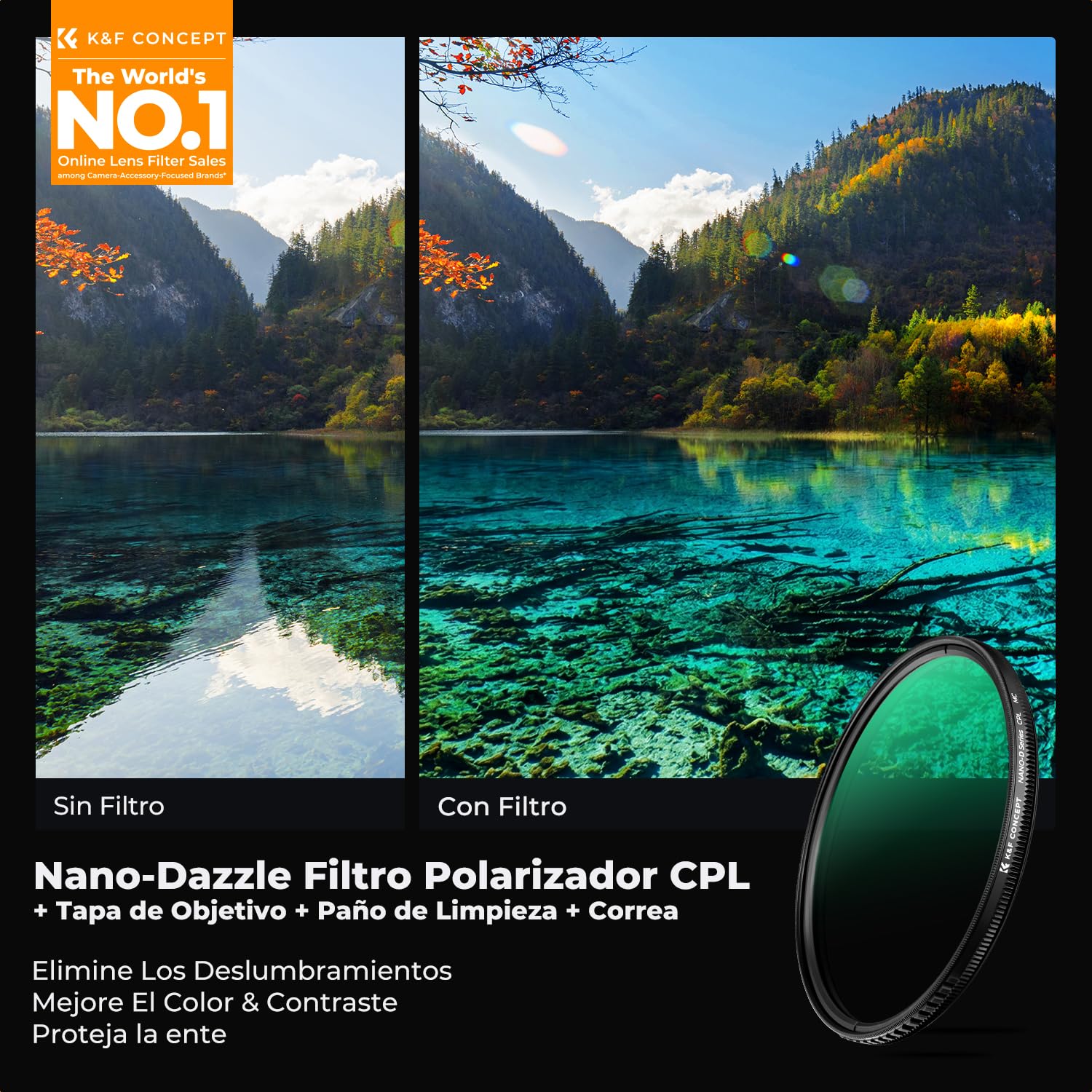 K&F CONCEPT Nano-Dazzle 58mm Filtro Polarizador Circular con Tapa de Lente | Filtro CPL de Vidrio Óptico con Revestimiento Nano con Un Paño de Limpieza - FC501