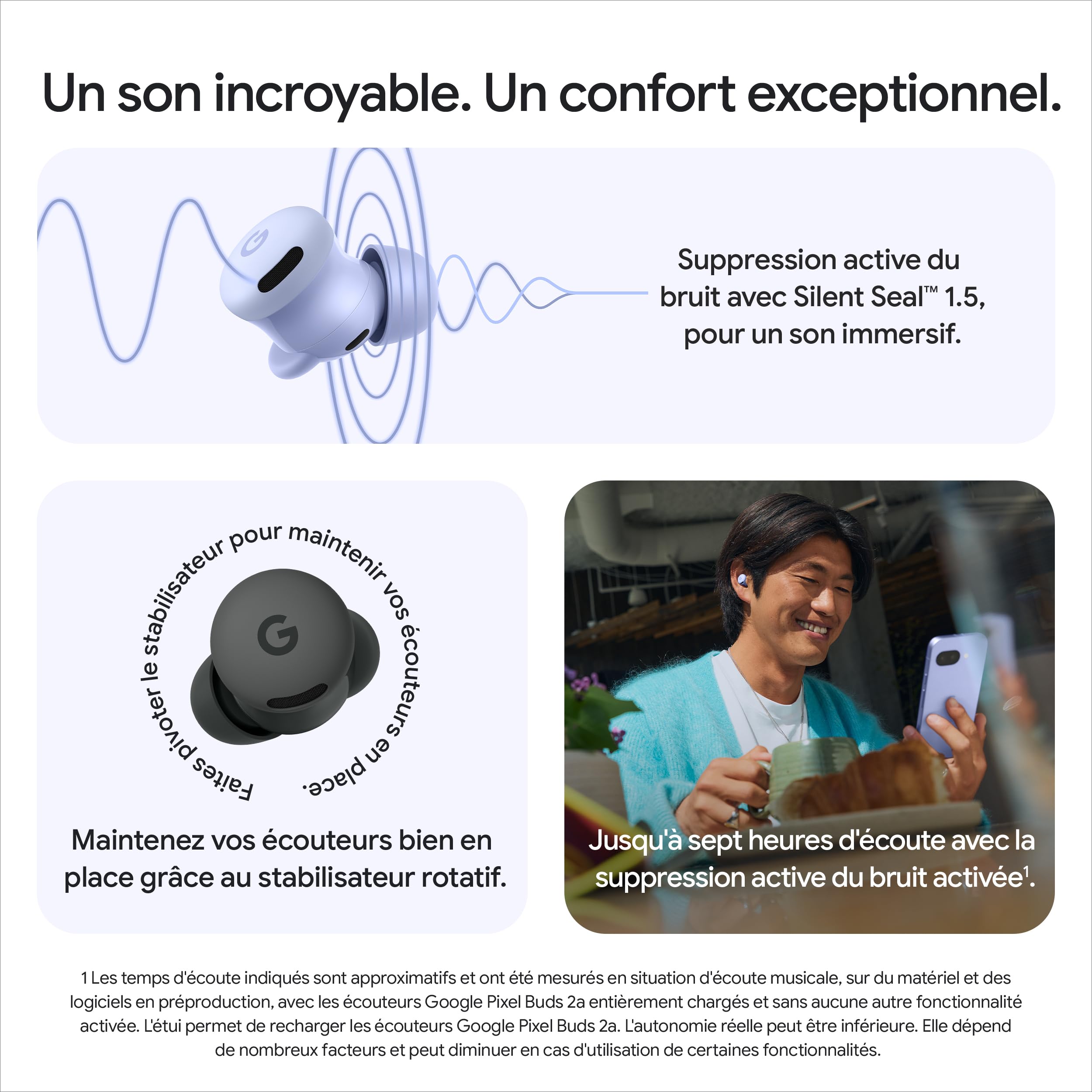 Google Pixel Buds 2a – Écouteurs sans Fil avec Suppression Active du Bruit – Légers et Confortables – Résistants à l'eau – Compatibles Bluetooth – Brume
