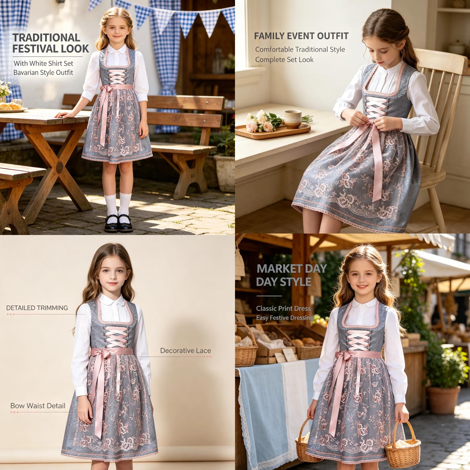 Kinder Oktoberfest Kleid Mädchen Dirndl Trachtenkleid Mit Schleife Schürze | Elegantes Design Mit Dekorativer Schnürung, Geeignet Für Oktoberfest, Trachtenfeste, Geburtstage Und Besondere Anlässe