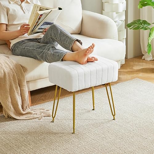 Miniatura 5 de IBUYKE Taburete otomano con reposapiés rectangular de terciopelo, taburete para tocador de maquillaje, asiento de mesa de tocador de terciopelo, puf
