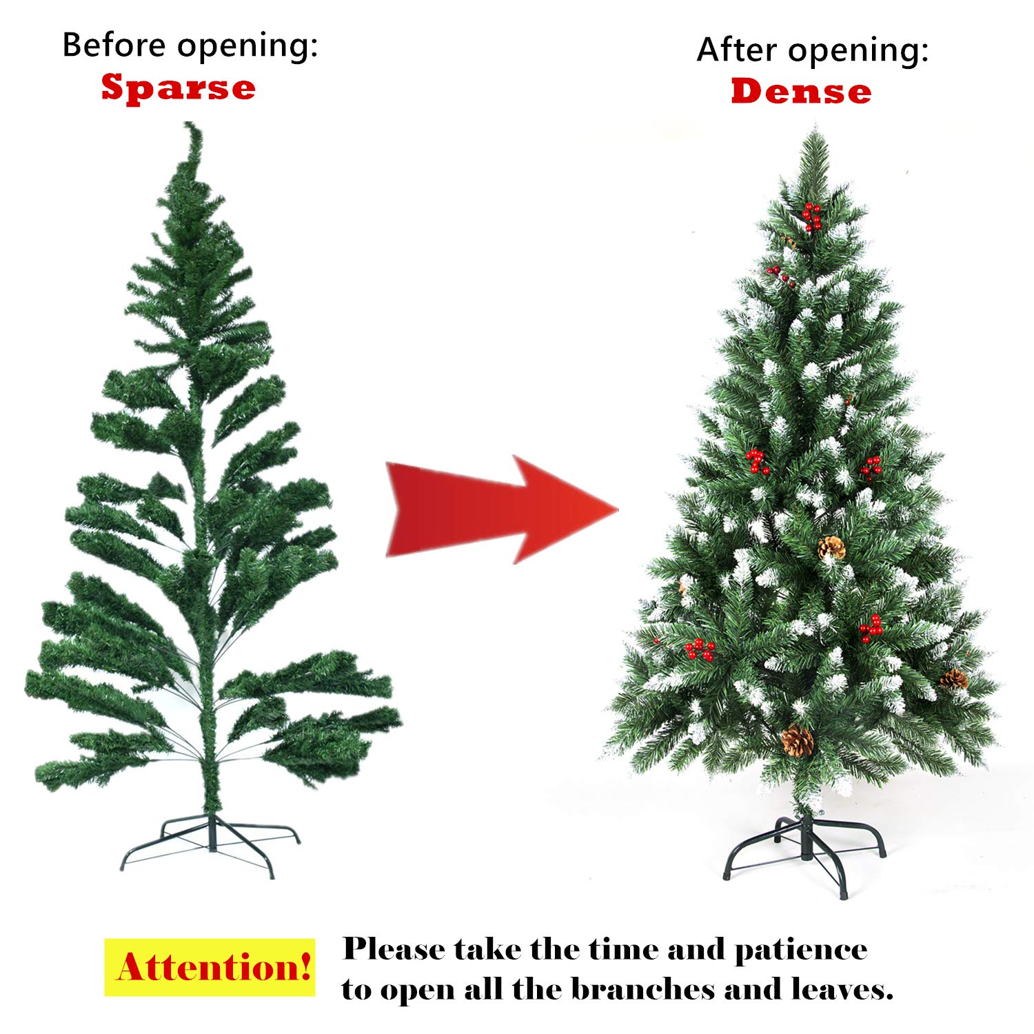 Weihnachtsbaum künstlich, 120/150/180/210 cm mit Tannenzapfen, Tannenbaum mit Schnee-Effekt und rote Beere Deko, beschneiten Spitzen und Kunsttanne mit Metallständer (180cm)
