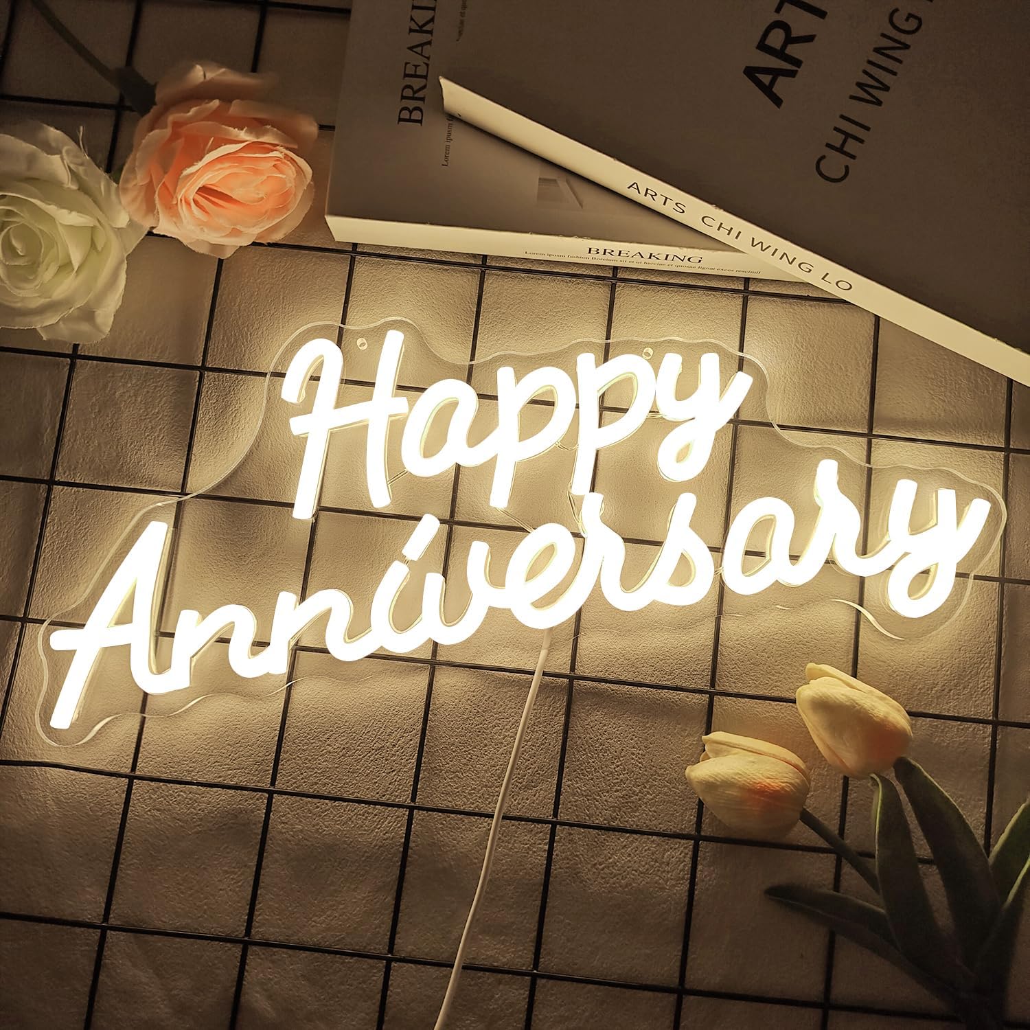 Happy Anniversary Neon Sign Dimmable Wedding Anniversary Decorations Led Sign Backdrop Feliz Aniversario Light Up Sign for Party Decor Gift for Couple(16.2"x6.14")