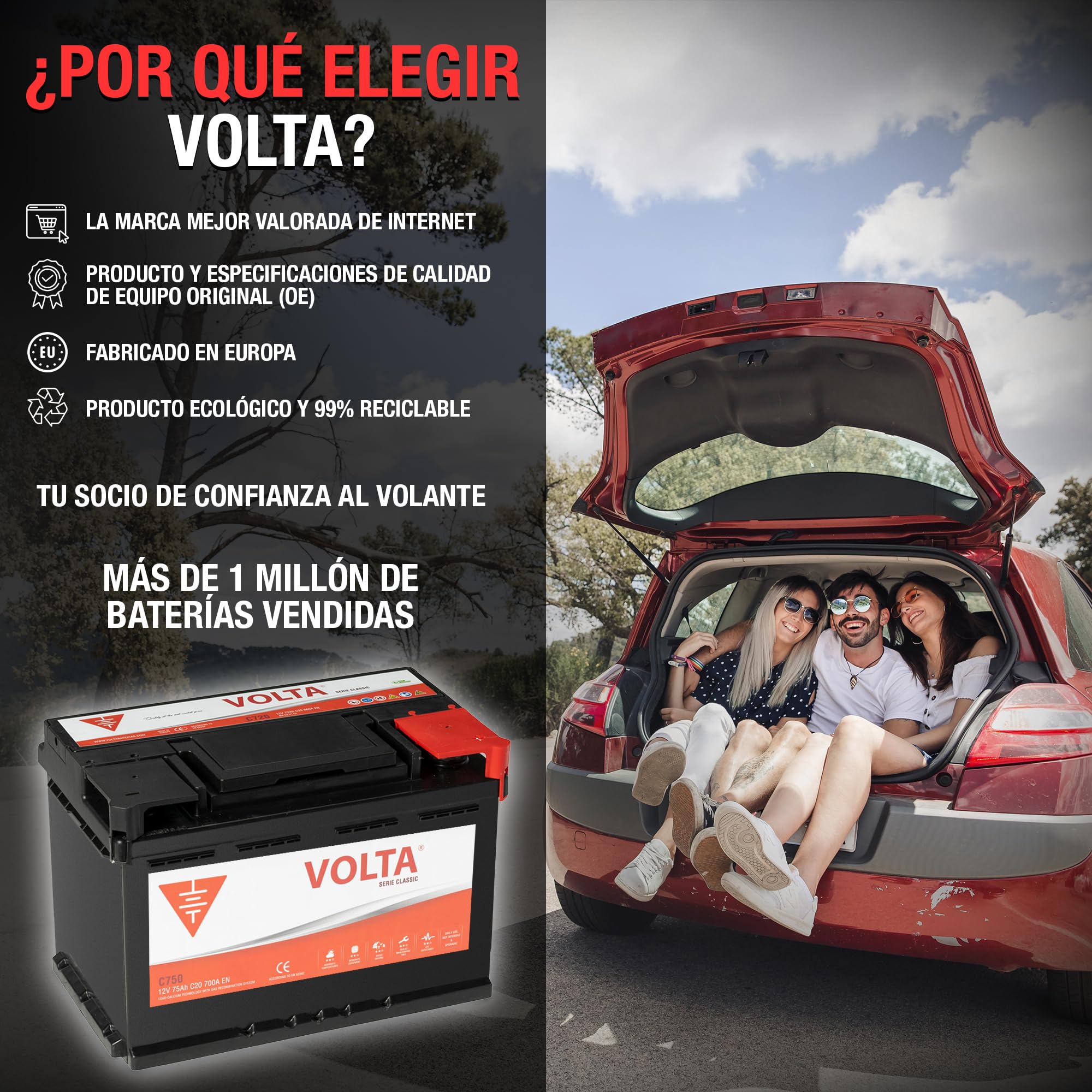 Batería de Coche 100Ah 830A - Volta A+1000D - Especial para Coches Asiáticos - 306x176x225mm - Libre de Mantenimiento, Gran Durabilidad, Fabricación Europea