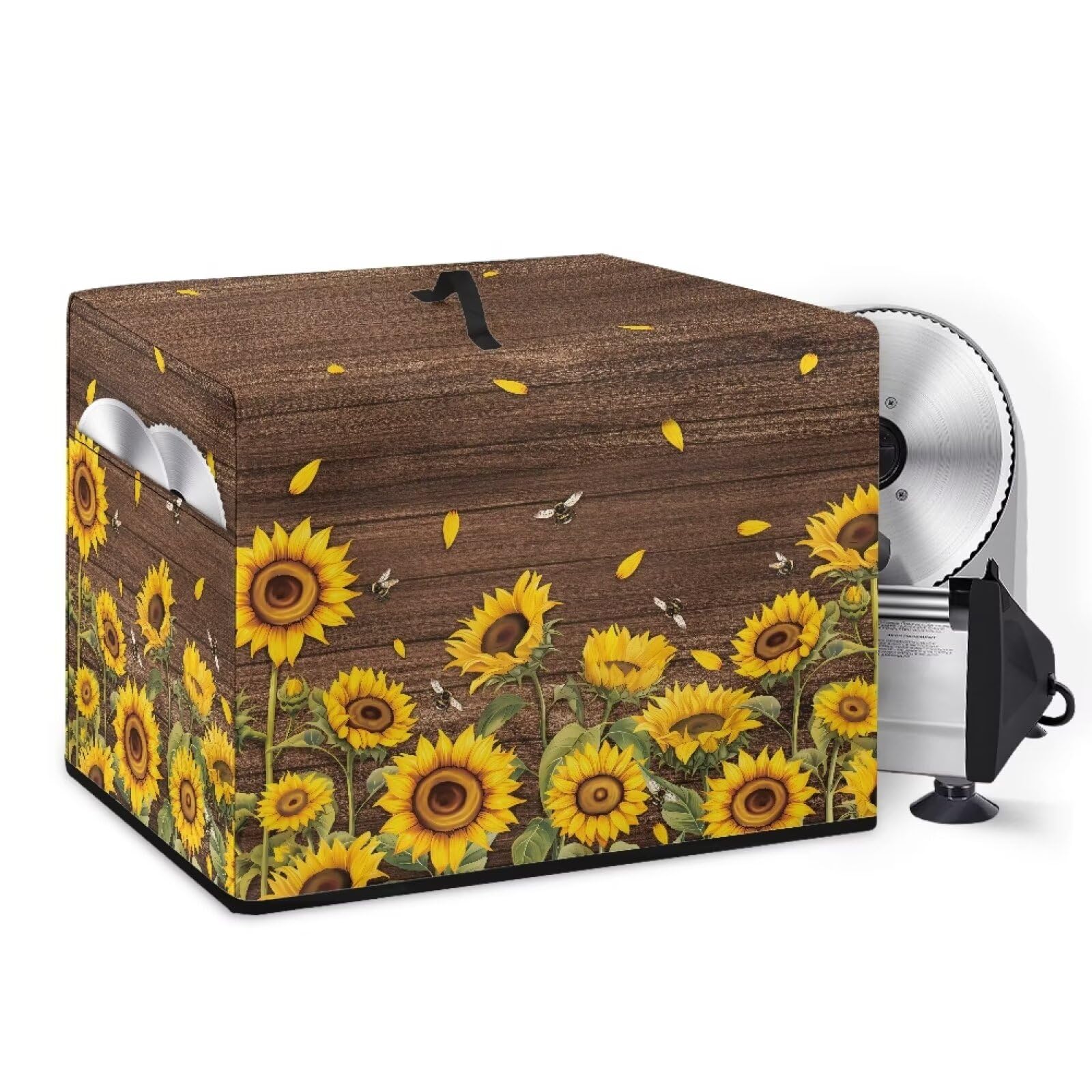 NETILGEN Meat Slicer Machine Kitchen Appliance Cover, Cheese Bread Slicer, Washable Rectangular Protective Cover for Home, Sunflower Bee Wood Grain