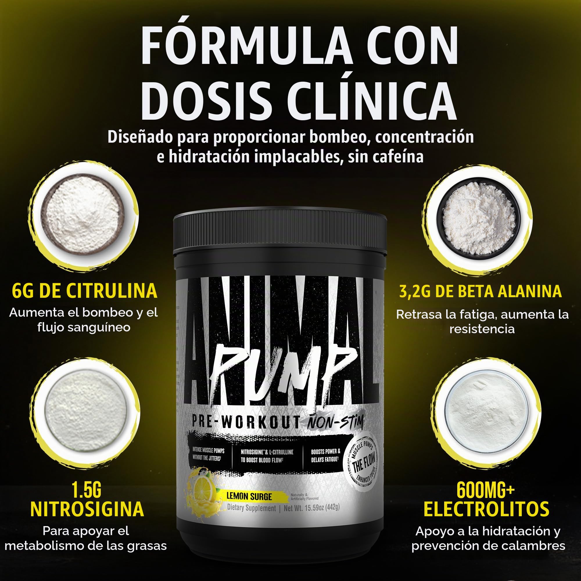 ANIMAL Pump Non-Stim Pre Workout Powder- preentrenamiento sin cafeína para energía, concentración y desarrollo muscular, beta alanina, citrulina, nitrosigina y nootrópicos, Lemon Surge, 442 g