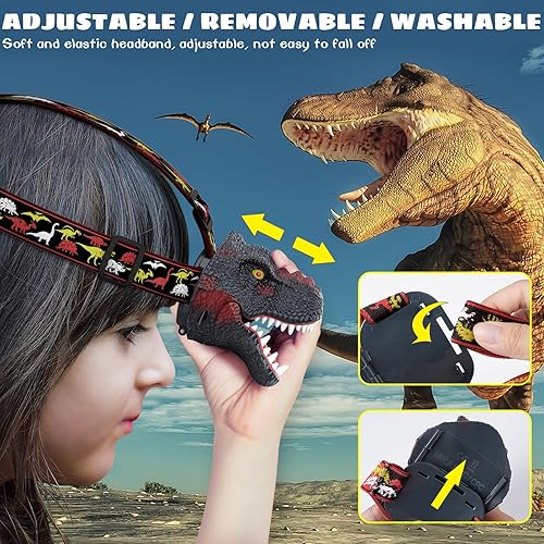 Miniatura 7 de Dysaim Linterna frontal para niños, linterna de dinosaurio para niños, lámpara de cabeza LED, linterna de equipo de camping, accesorios de