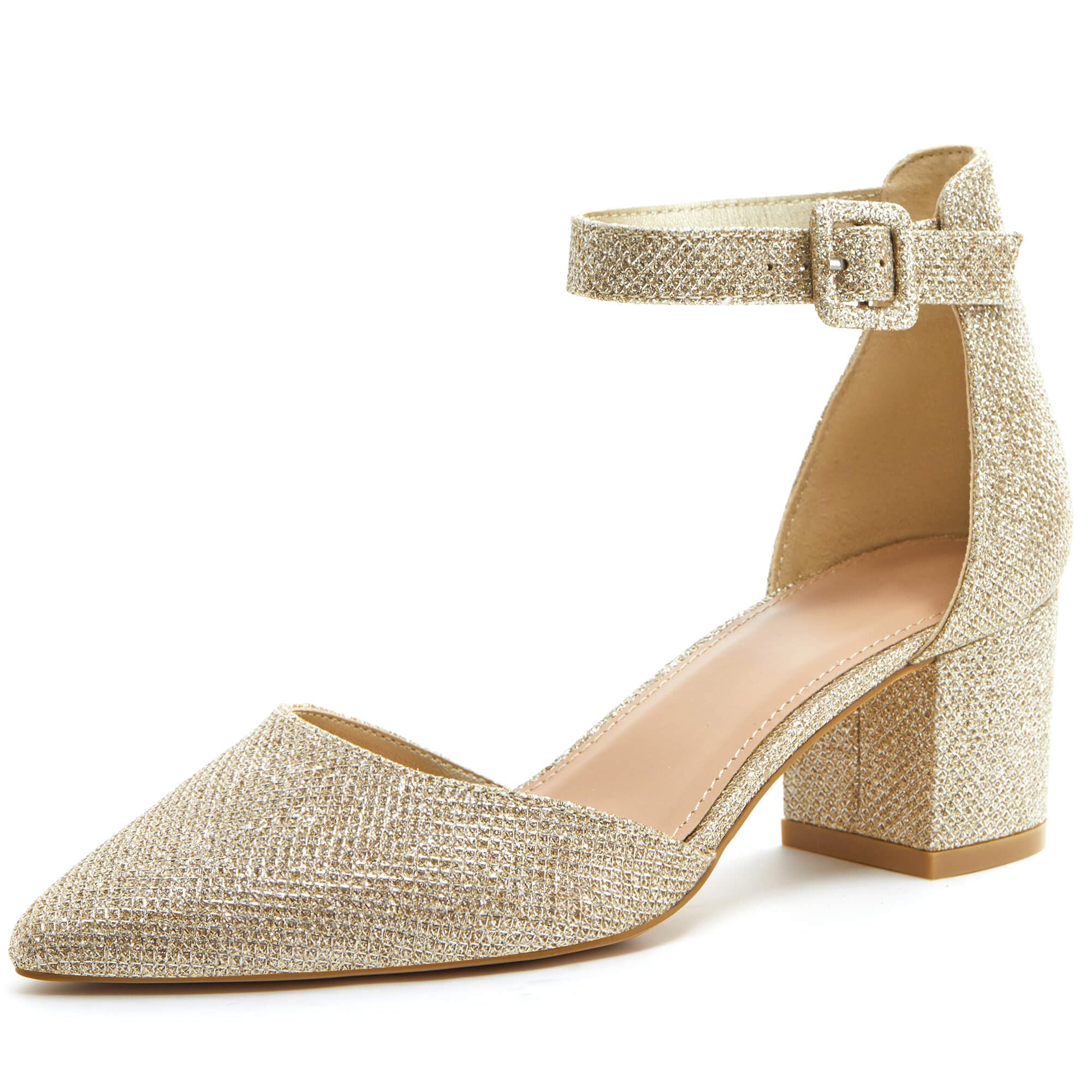 LAICIGO Women's Pointed Toe Pumps Ankle Strap Buckle Chunky Block Heel Dress D'Orsay Shoes