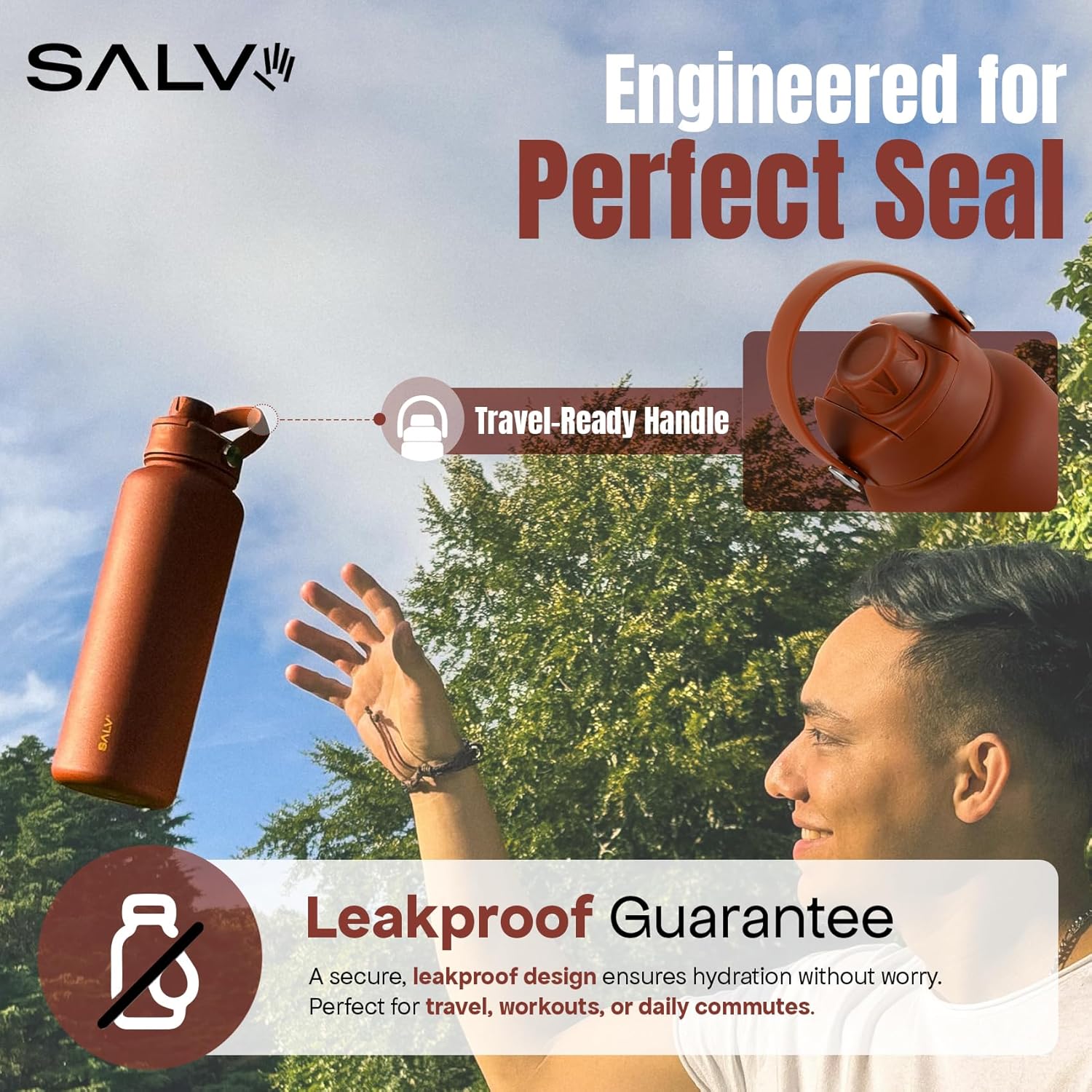 Salv Brown 40 oz Insulated Water Bottle – Reusable Stainless Steel, Leak-Proof, BPA-Free, Keeps Water Cold for 24H – With Handle for Gym, Travel & Hiking - Image 7