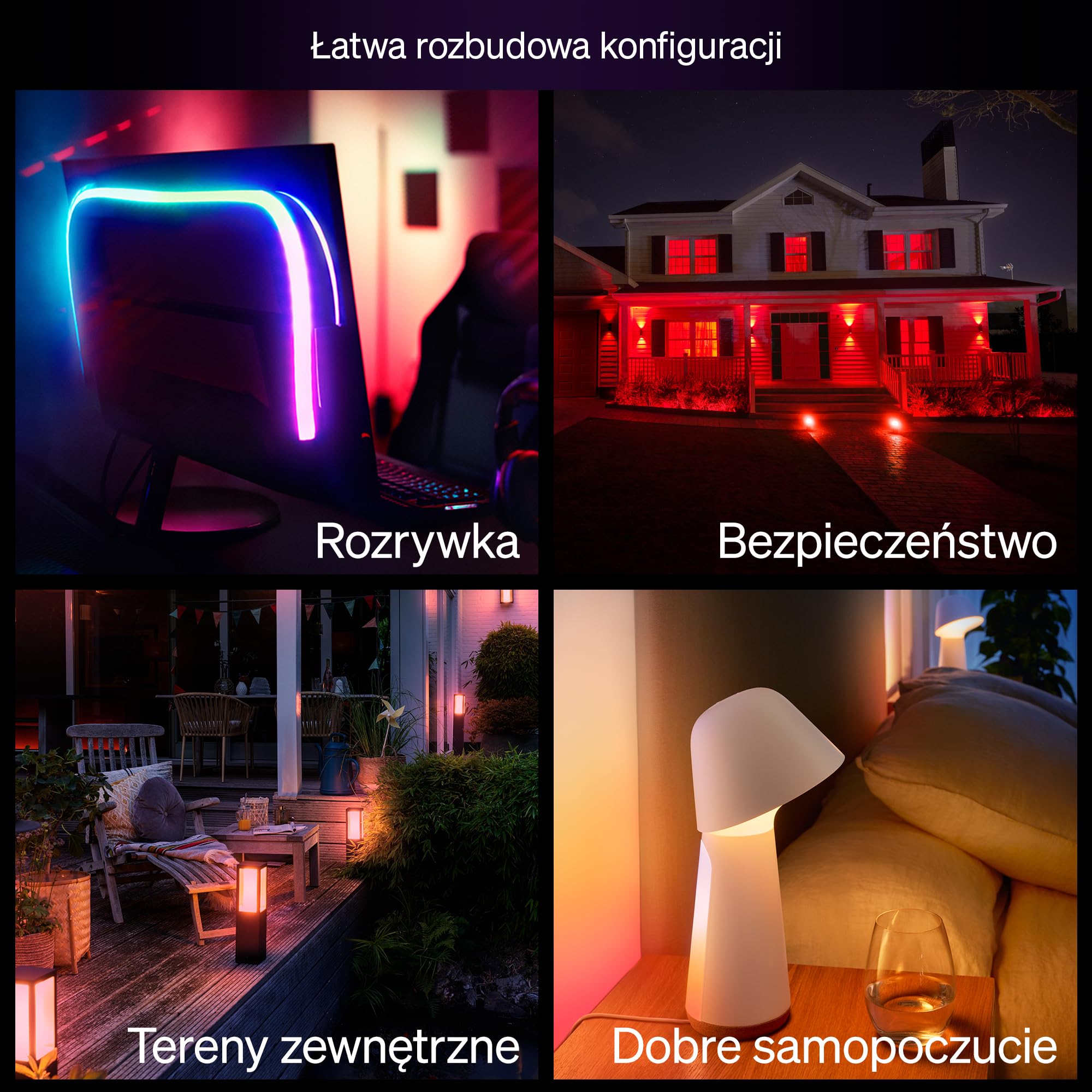 Zestaw Startowy: Philips Hue Mostek + 4 Inteligentne Żarówki E27, Biała i Kolorowa Atmosfera, 2200K-6500K, Żarówka Ściemniania Współpracuje z Alexa, Google Assistant, Samsung