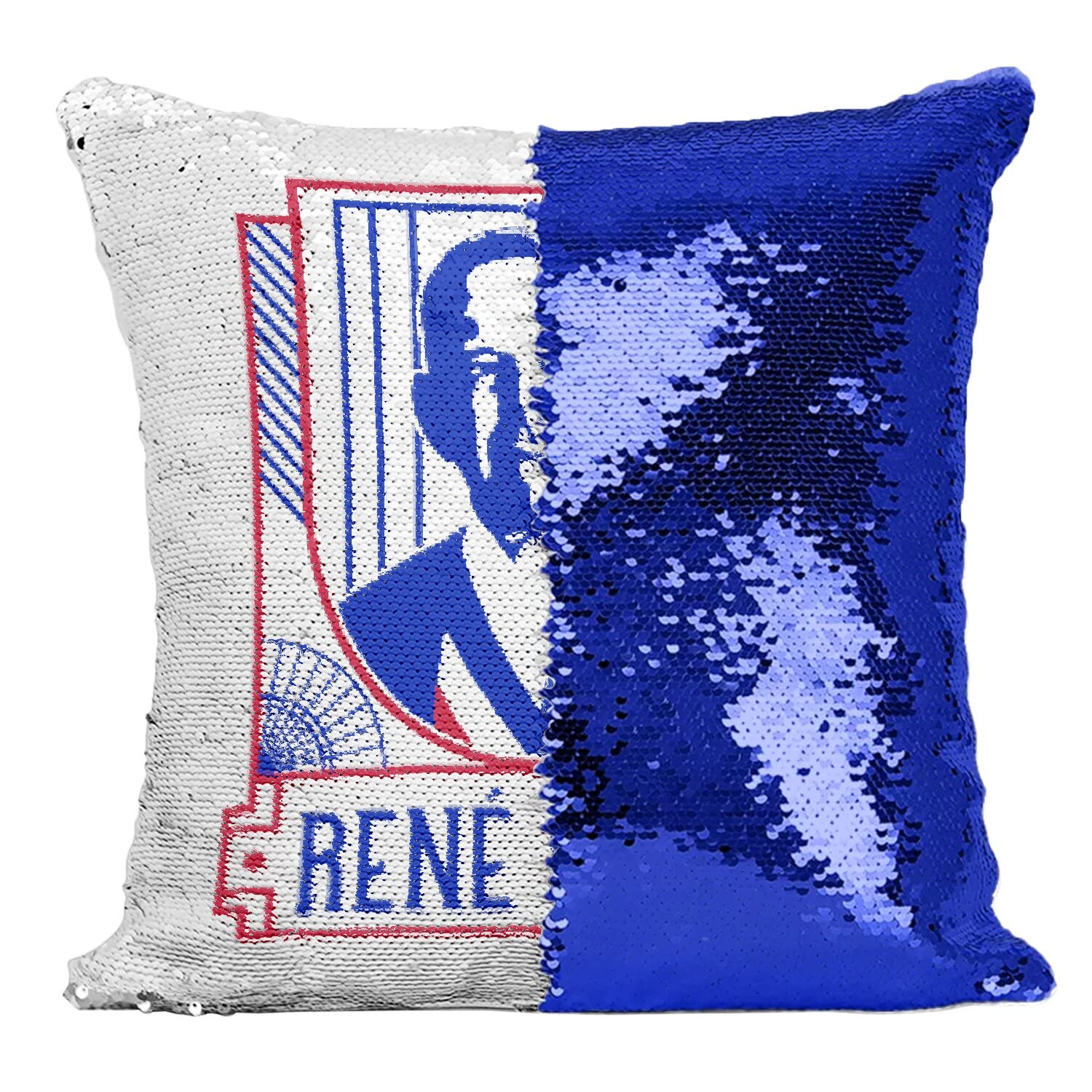 Coussin bleu à sequins René Coty de style politique pour déco chic