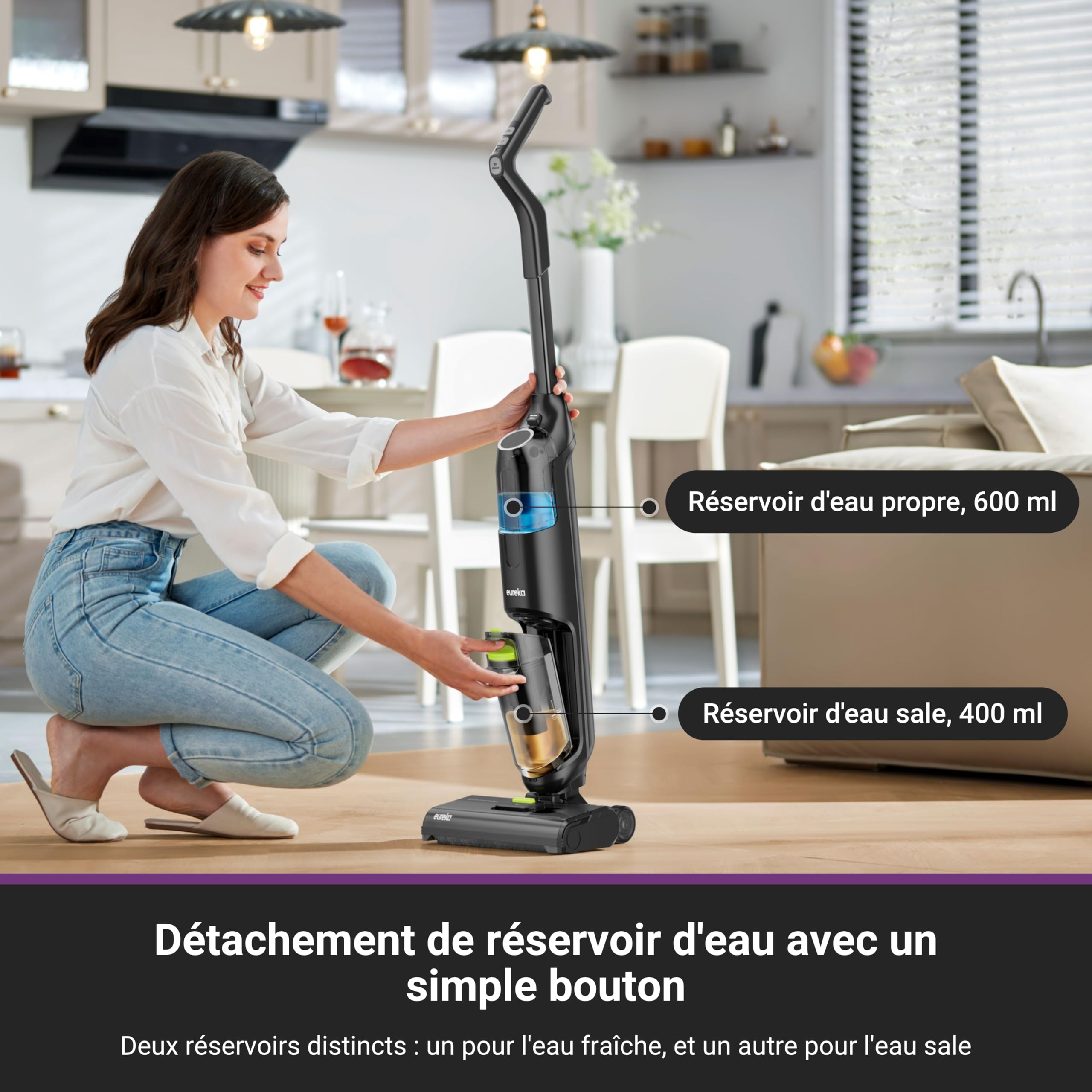 Eureka NEW400 Aspirateur Laveur sans Fil pour Sols Durs,Aspirateur Balai sans Fil Sec et Humide,Autonettoyant,Aspirateur Laveur Eau et Poussière,Longue Autonomie,pour Les Saletés Collantes,Sols Durs