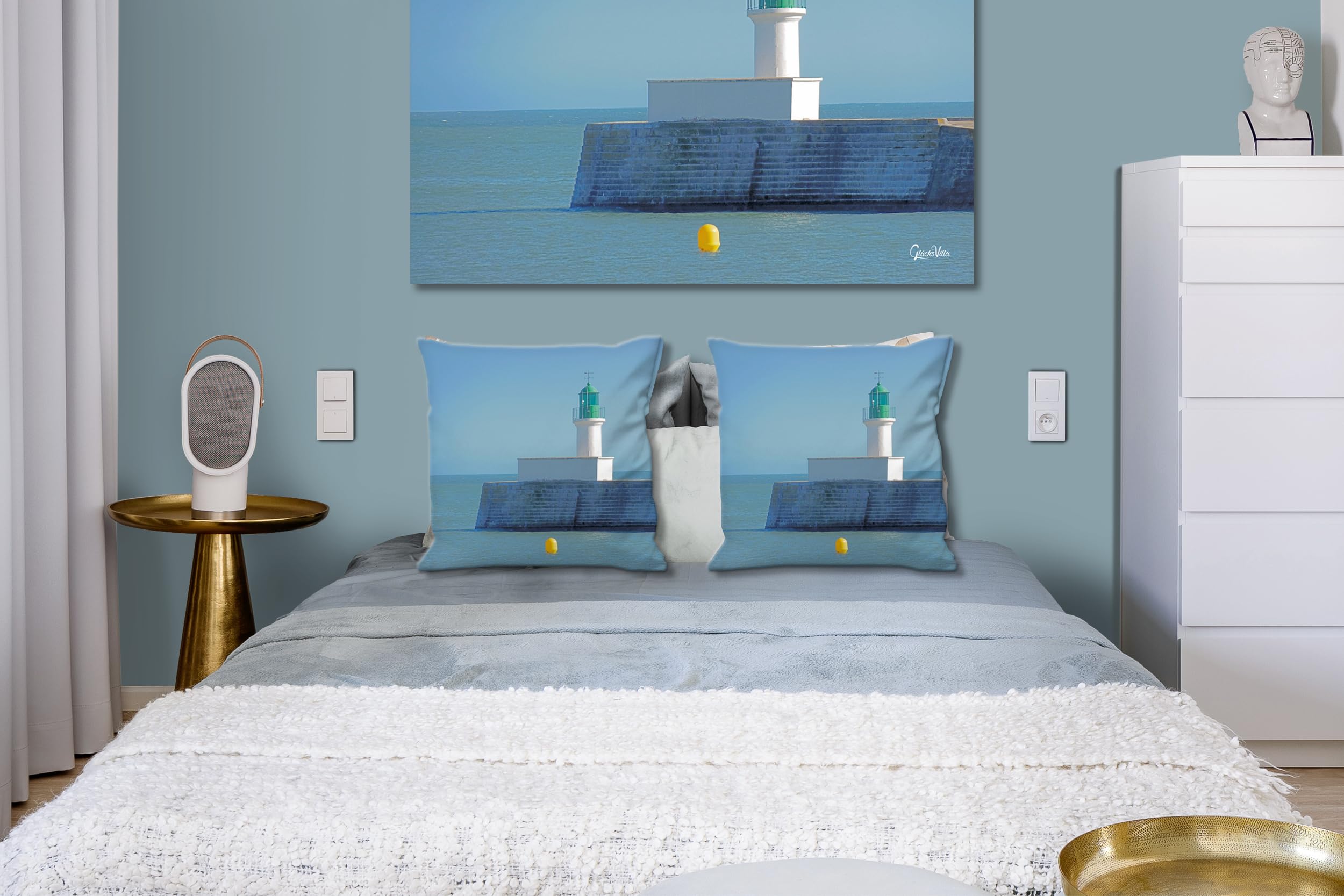 Leuchtturm 2 - Foto-Kissen-Hülle Set (2 STK.) 40 x 40 cm | Kissen-Bezüge - passend zu Wandbild - Deko-Kissen - Frankreich Meer Küste Strand Hafen