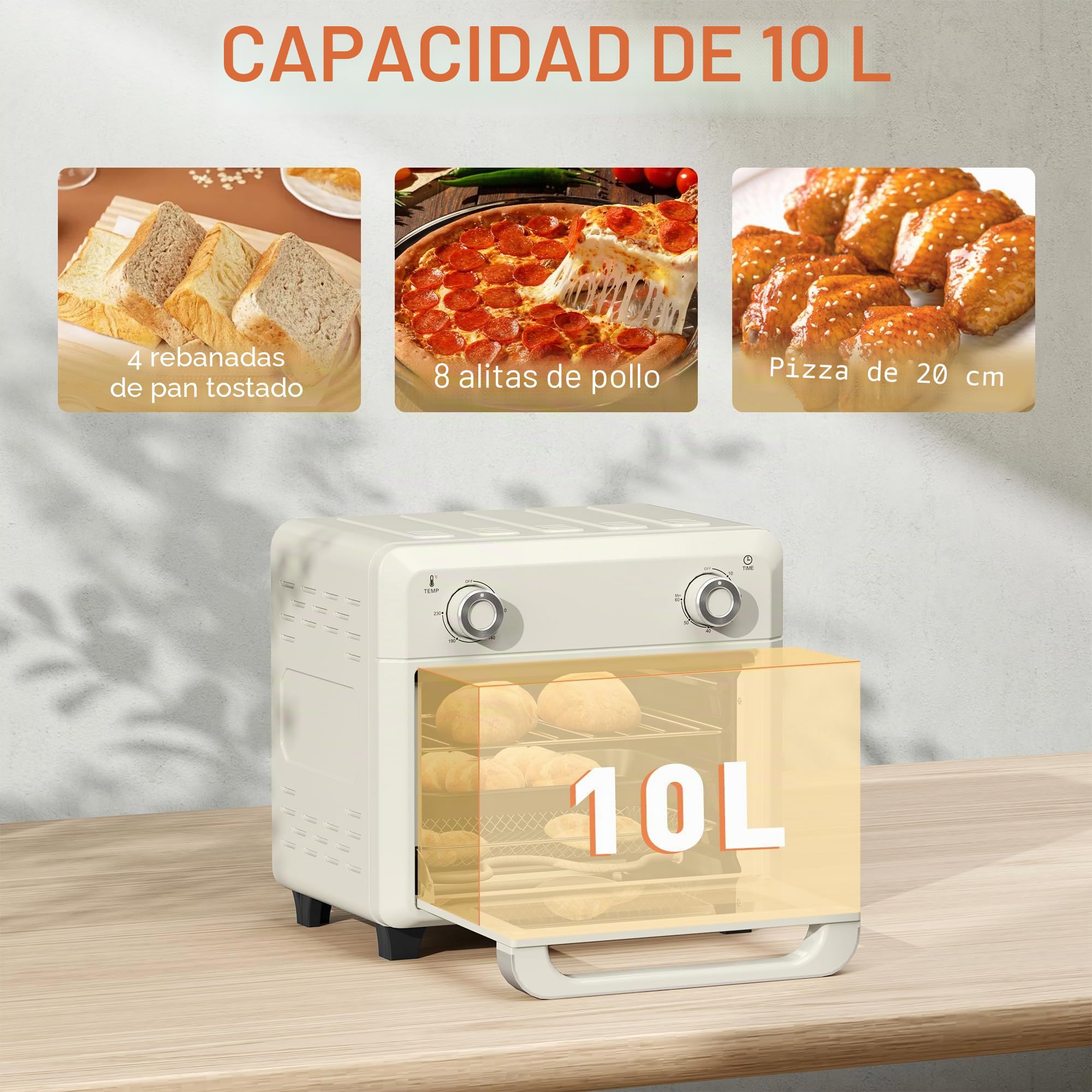HOMCOM Mini horno con convección 10L Freidora de aire 1000W Blanco crema