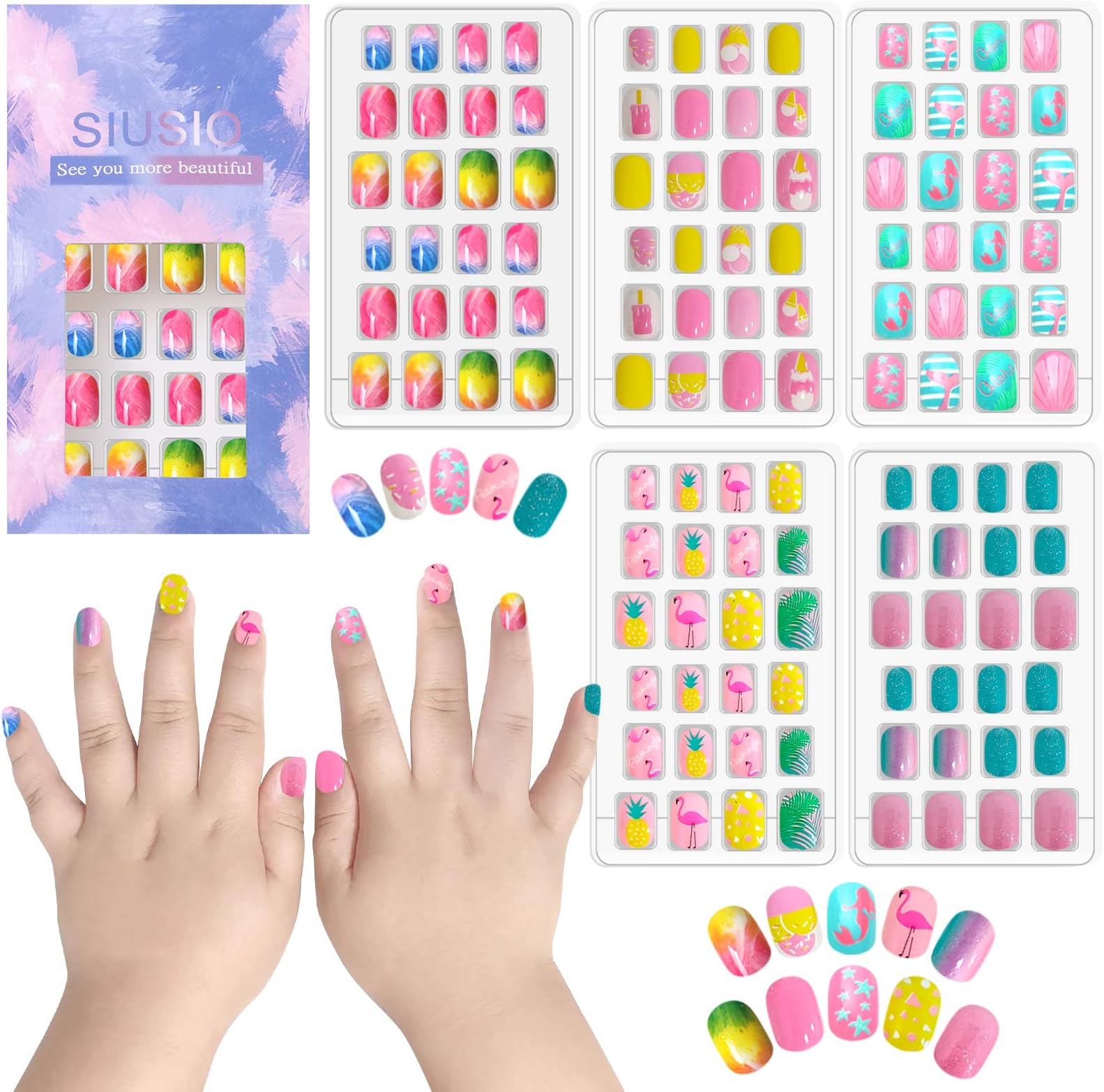 SIUSIO 120 Pcs 5 Pack Children Acrylic Fake Nails Press on Pre-glue Full Cover Glitter Gradient Color Rainbow Short Sticky Fake Nails Kids Nails Set for Little Girls - Colorful Rainbow Series