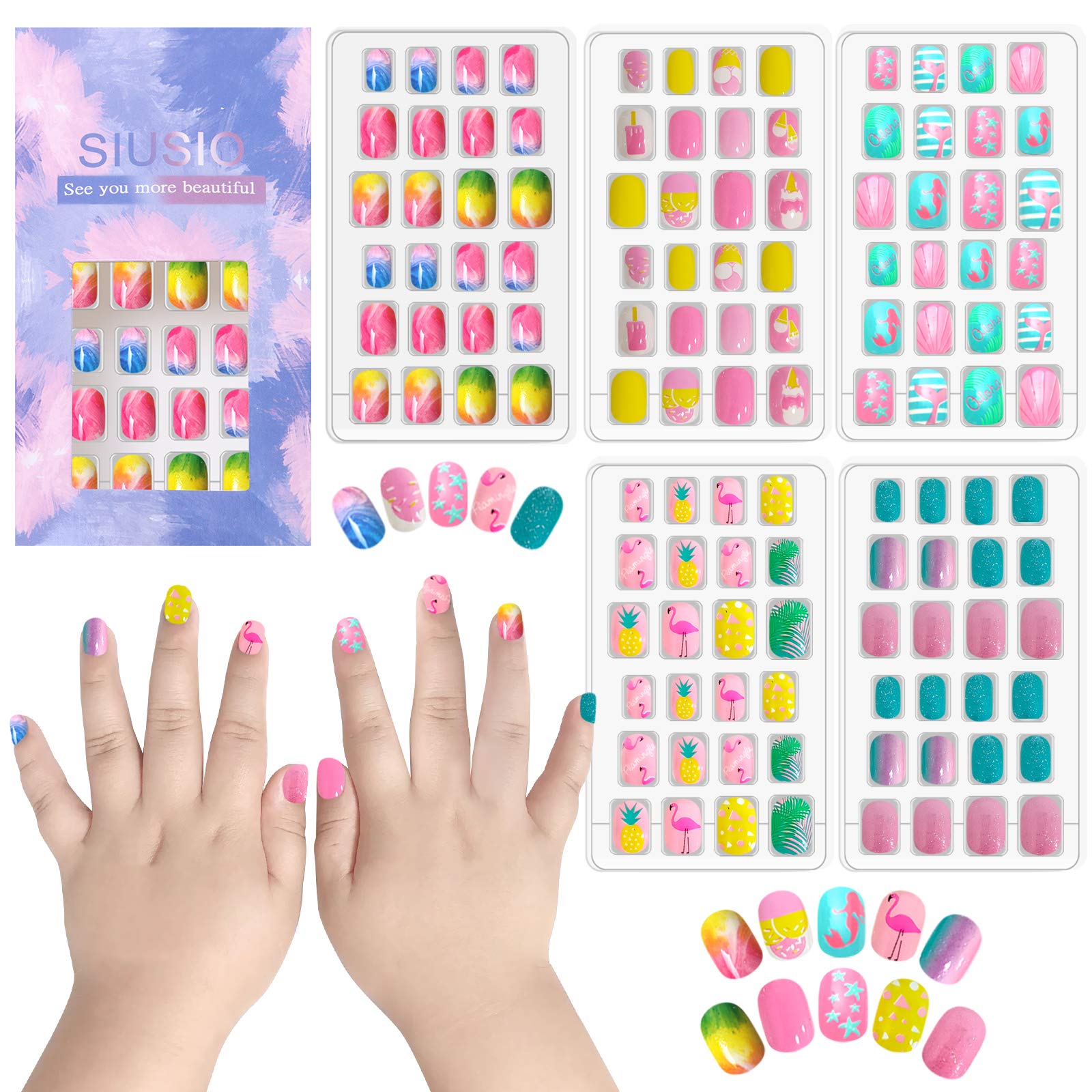SIUSIO 120 Pcs 5 Pack Children Acrylic Fake Nails Press on Pre-glue Full Cover Glitter Gradient Color Rainbow Short Sticky Fake Nails Kids Nails Set for Little Girls - Colorful Rainbow Series