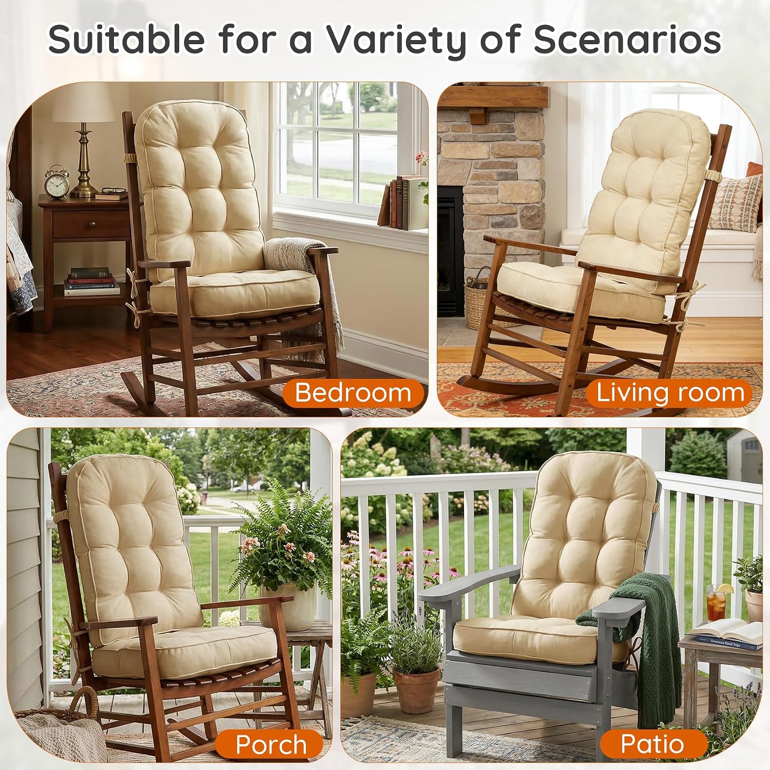 Anti-Slip Rocking Chair Cushion with Ties/Non-Slip Bottom 4-Inch Thickened Tufted Rocking Chair Pads for Indoor Furniture, 6 Colors (Light Brown, 28x18-18x18)