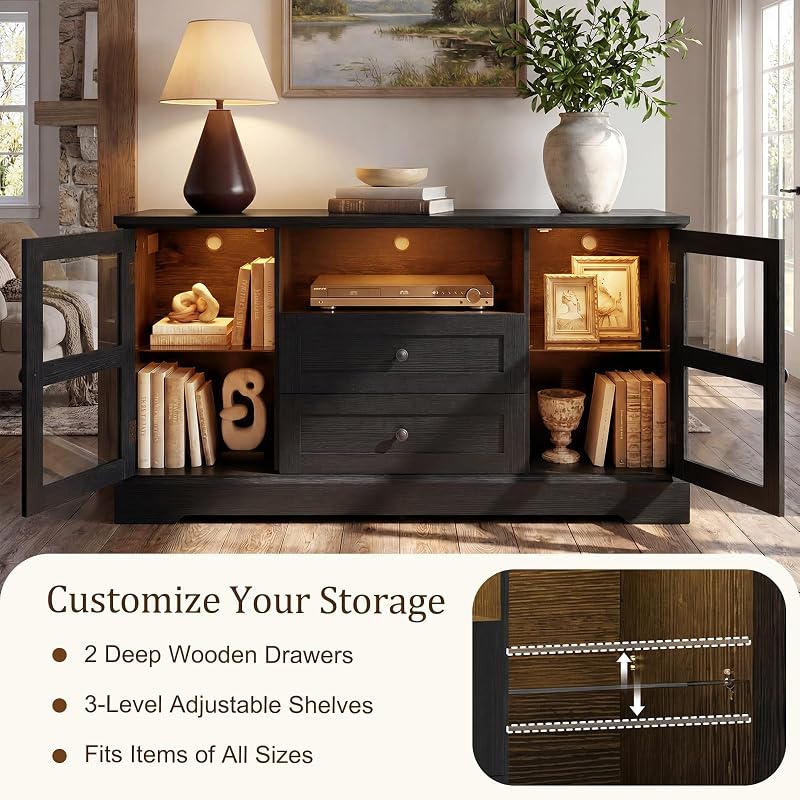 55 Inch TV Stand for TVs up to 60", Entertainment Center with 2 Large Storage Drawers & RGB Lights, Wood Media Console Table with Hidden Power Outlets and Tempered Glass Doors,Black image 5