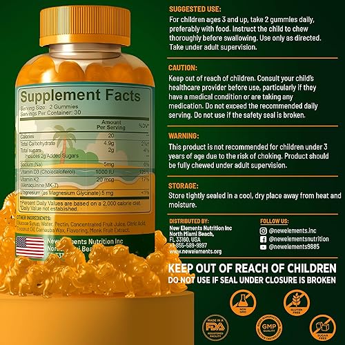 Miniatura 3 de New Elements Gomitas de vitamina D3 K2 para niños con glicinato de magnesio  Huesos fuertes y salud inmunológica  Vitamina D3 1000 UI para niños