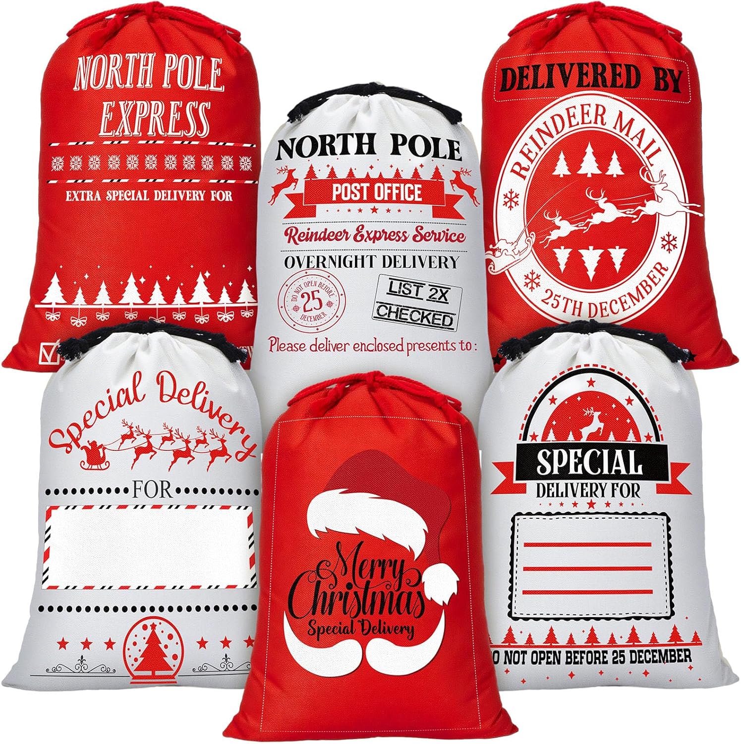 Sweetude 6 Pack Santa Sacks Bags Large Canvas Gift Bag with Drawstring 26" x 19" Reusable Holiday Fabric Xmas Present Package Storage for Christmas Party Favor(Beige,Classic)