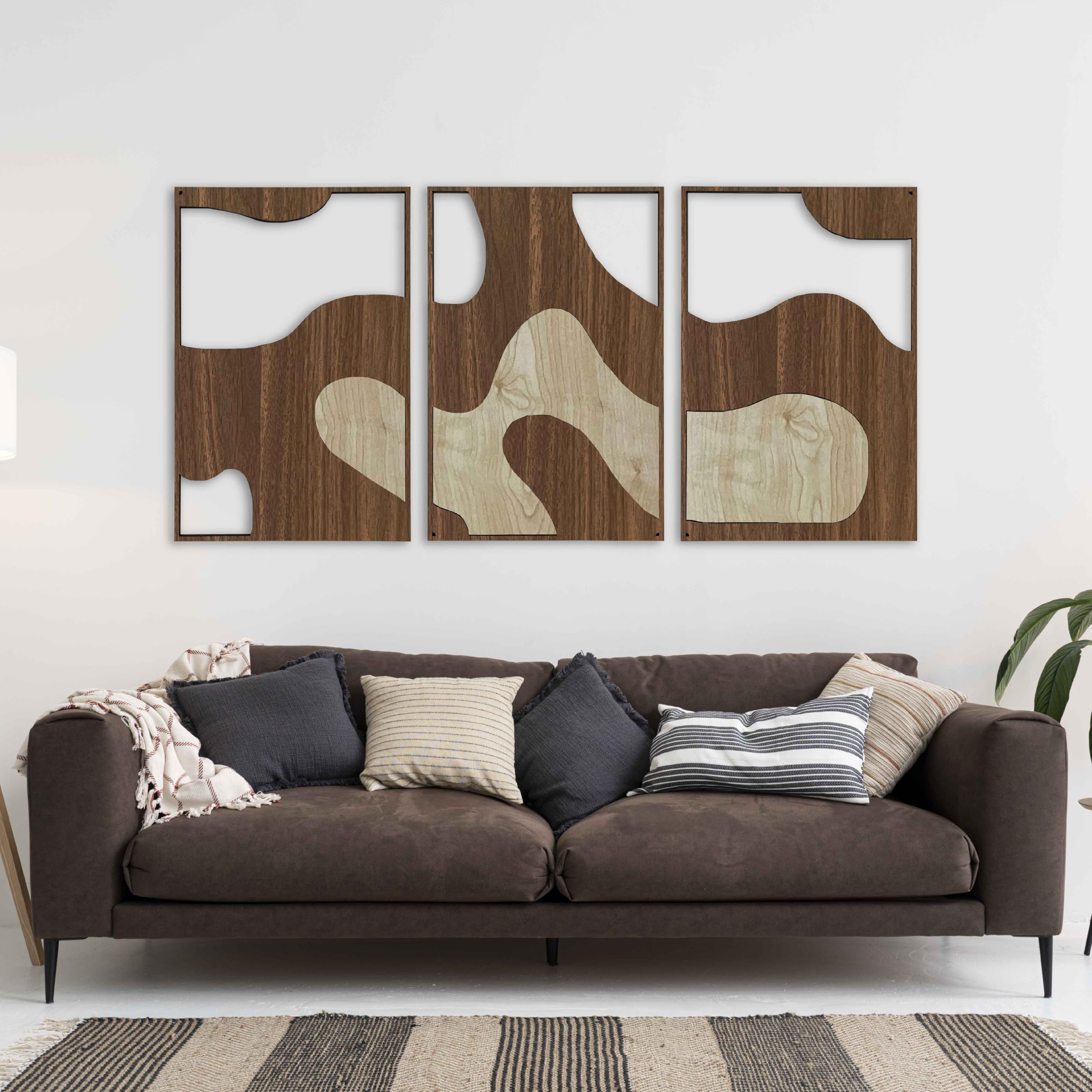 Neutrale Holzwandkunst, groß, Set mit 3 abstrakten Holz-Wanddekorationen, Erdton, moderne Wandpaneele, einzigartige Dekoration über dem Bett, Geschenk für Wohnzimmer und Schlafzimmer