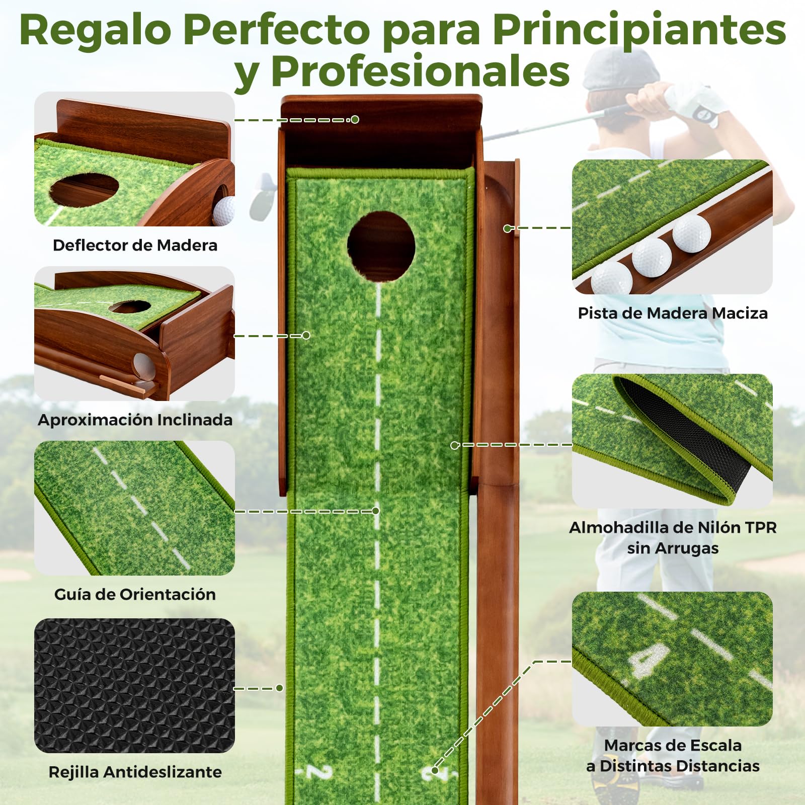 COSTWAY Mini Golf, Alfombra de Putting de Entrenamiento de Golf Interior y Exteriores, 1/2/3 Tamaños De Orificios, Retorno automático de la Bola, 3 Pelotas, Cesped de Minigolf (1 Orificio)